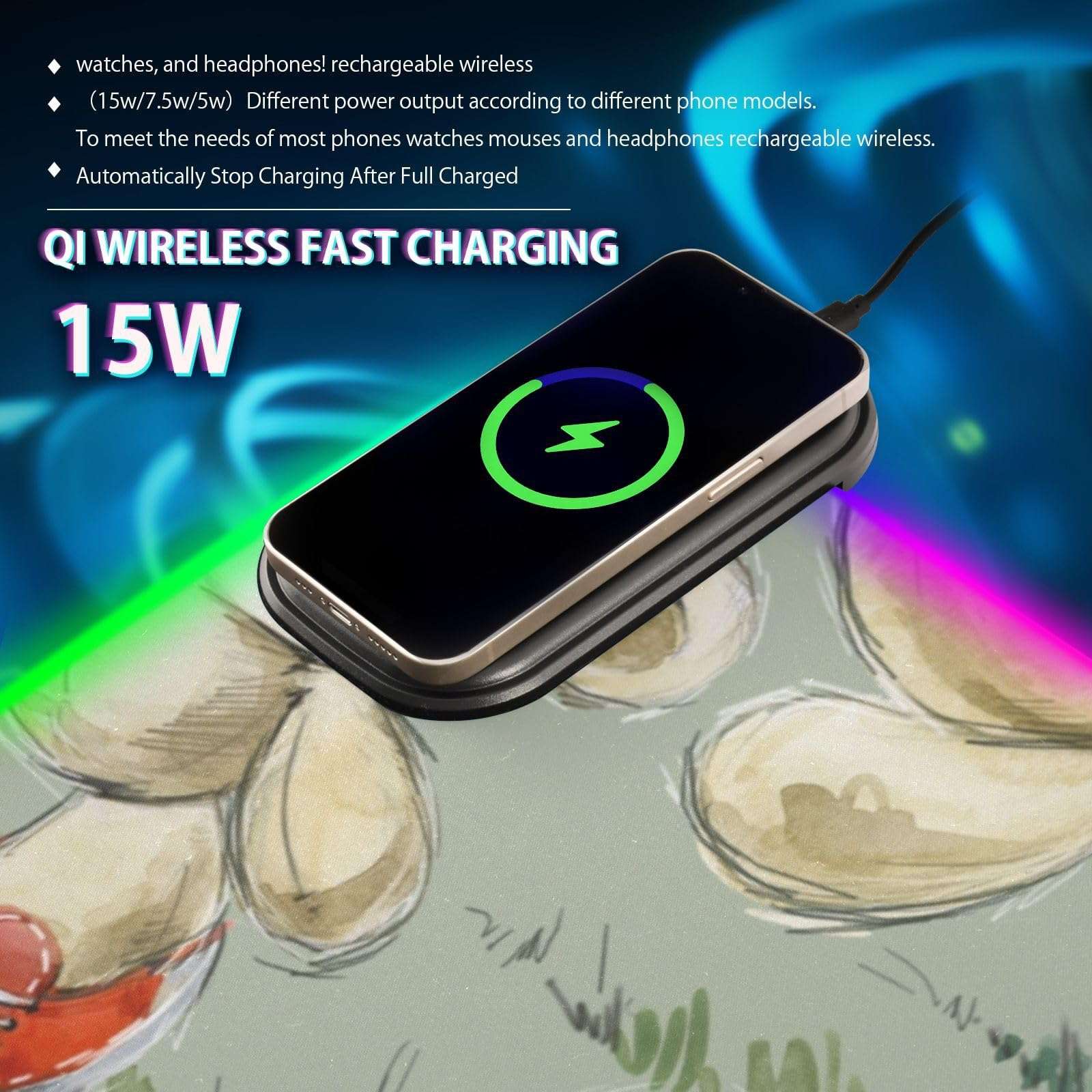 Cutebear Football Wireless Charging Mouse Pad for Mobile Phone Extra Large Gaming Mousepad with 13 Lighting Modes Keyboard Mat for Office Home Gaming MacBook PC Laptop Desk 3