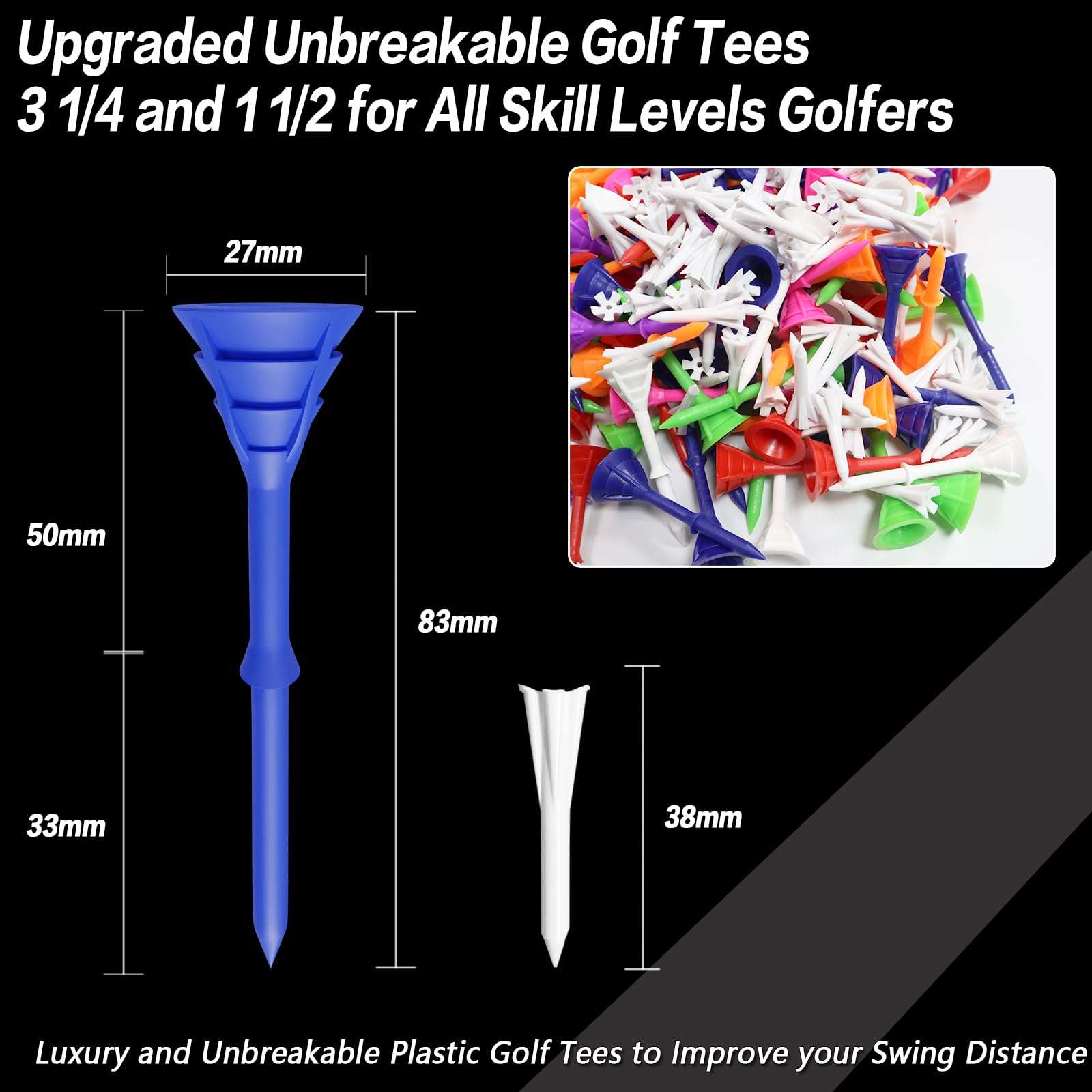 GKandi Golf Tees Plastic Unbreakable 100 Pack Bulk 3 1/4 Long 1 1/2 Short Tees Set,Durable Stable Low Resistance Reduce Friction Side Spin for Golfer 3
