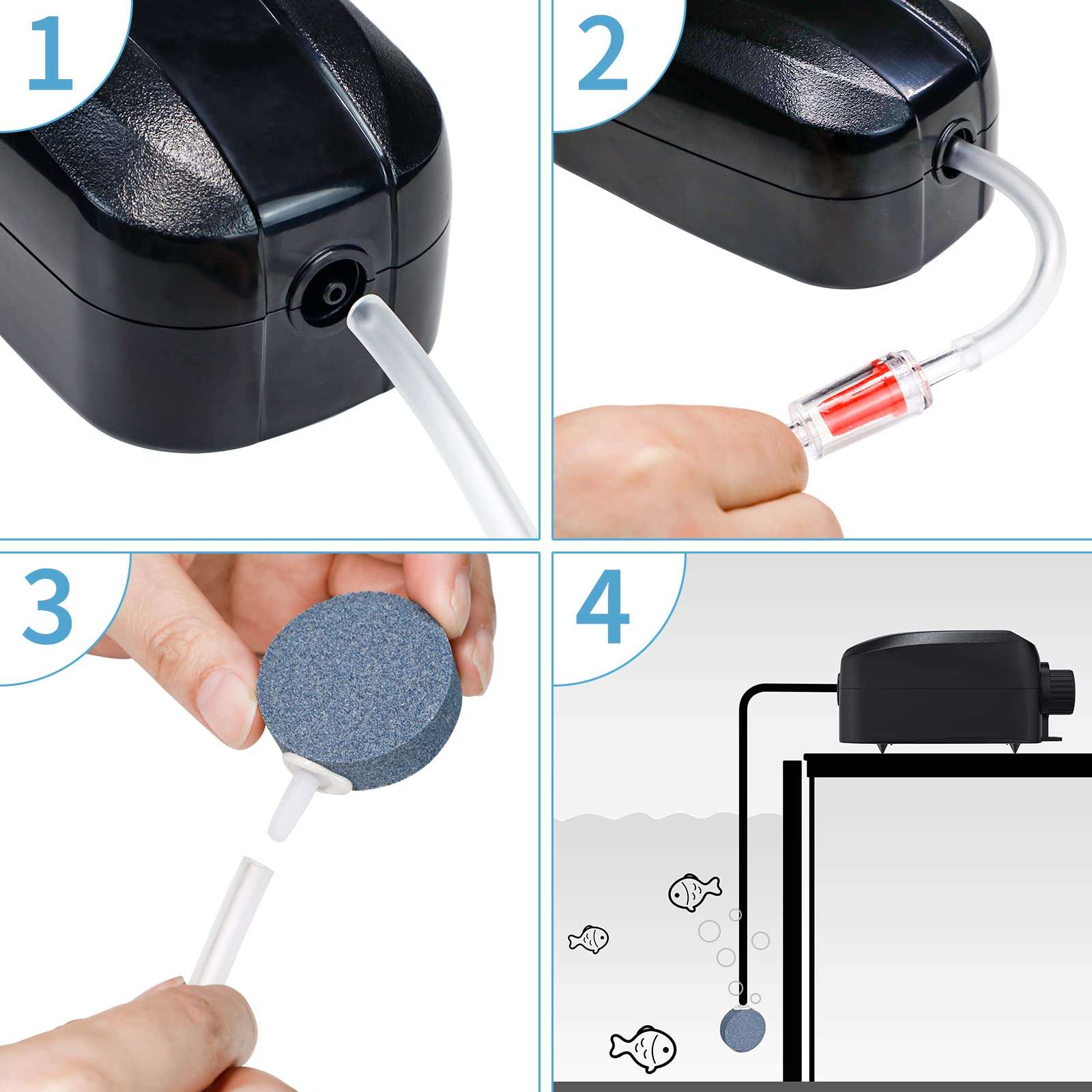 Uniclife Aquarium Air Pump Adjustable Quiet Oxygen Aerator Pump with Air Stone Airline Tubing Check Valve and Connector Accessories for Small Fish Tanks Ponds 6