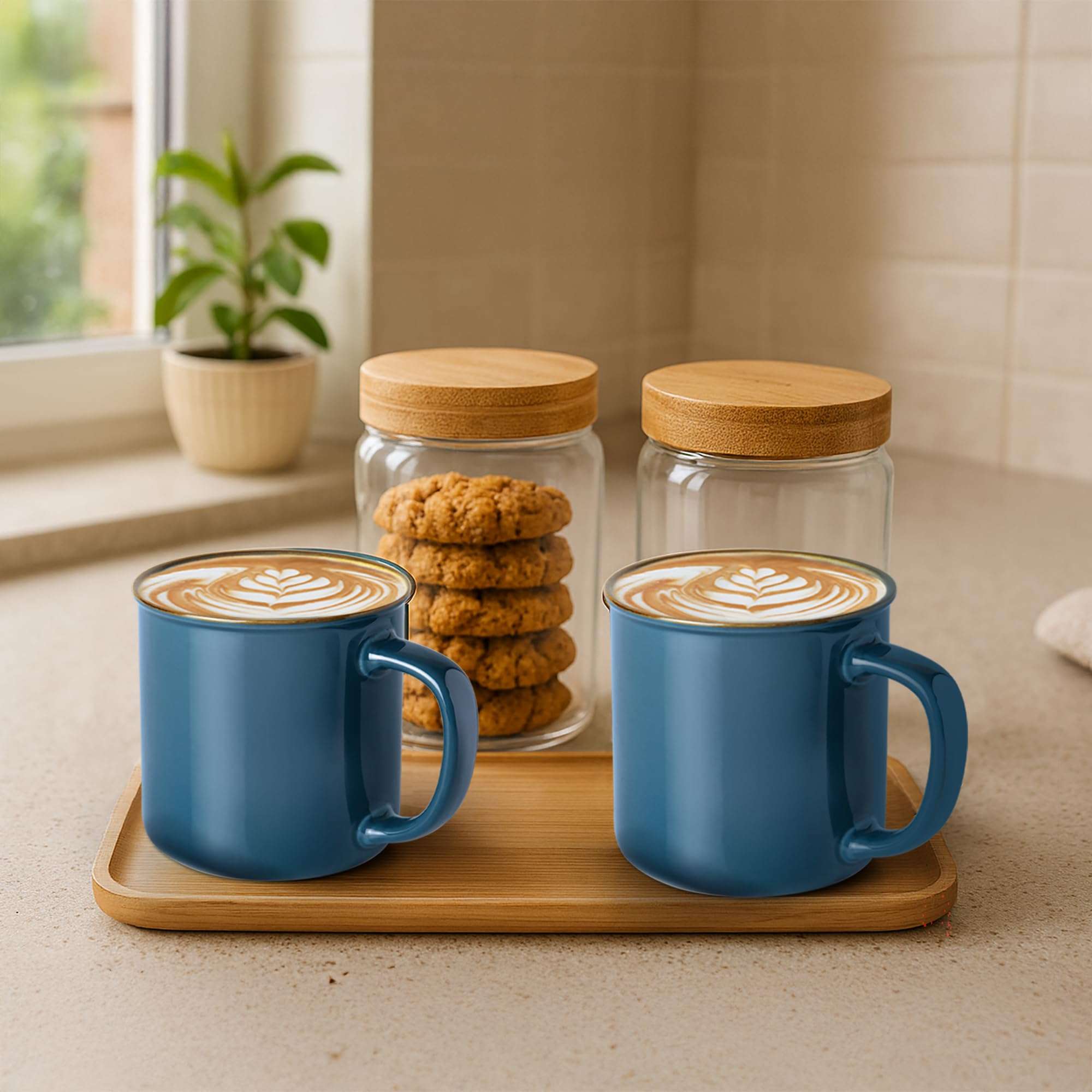 Treo by Milton Glare & Snacks 4 Pcs Gift Set | 2 Premium 240 ml Ceramic Mug, Dark Blue & 2 Airtight 500 ml Glass Jars, Transparent | Durable, Microwave-Safe Mugs | Perfect for Home, Office & Gifting 6