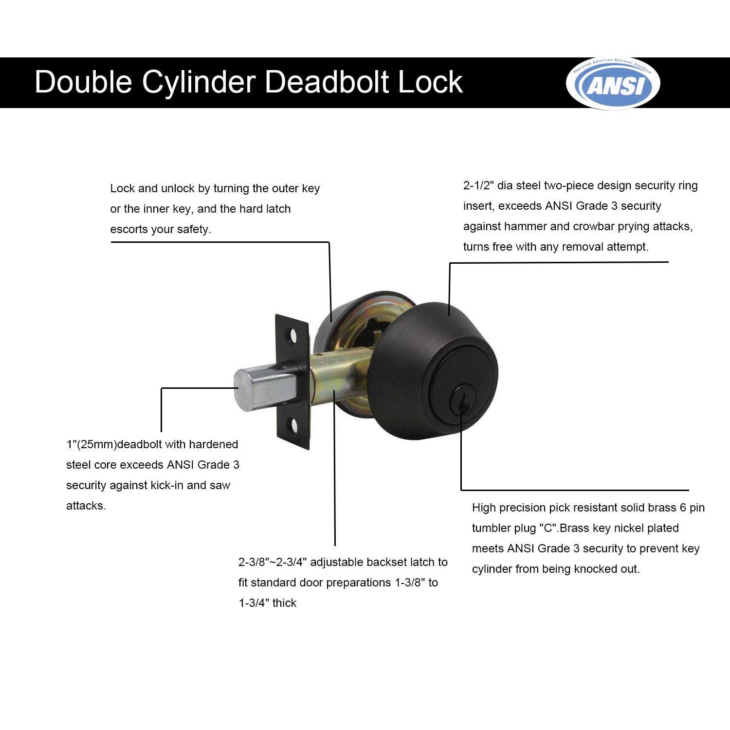 TOGU Double Cylinder Deadbolt Lock with Adjustable Backset,Front Door Lock for Home Entry Doors,Keyed on Both Sides, Oil Rubbed Bronze 3