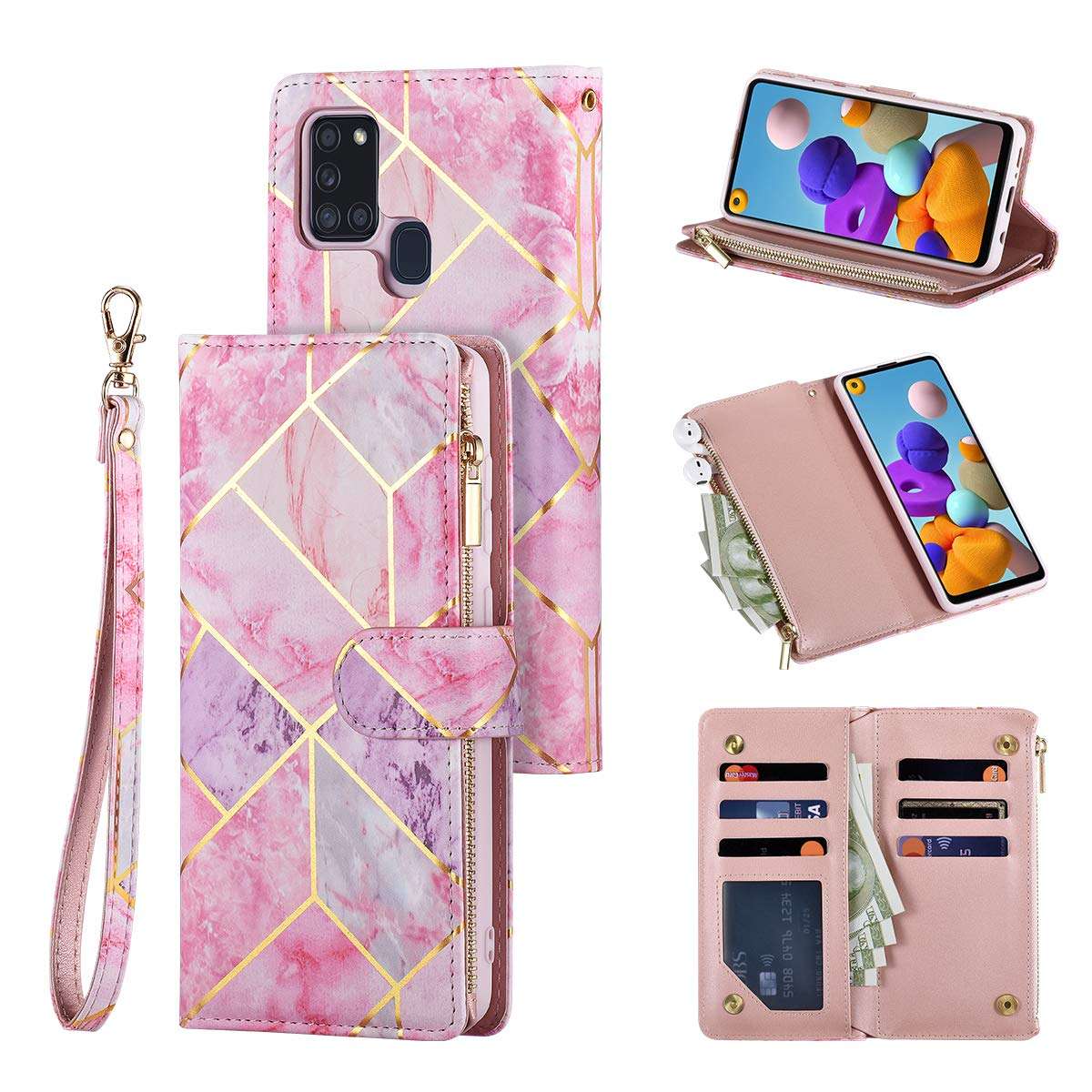 UEEBAI Wallet Case for Samsung Galaxy A21S, PU Leather Case Magnetic Closure Handbag Zipper Pocket Case Kickstand Card Slots with Hand Strap Marple Flip Case for Women - Pink Purple 1