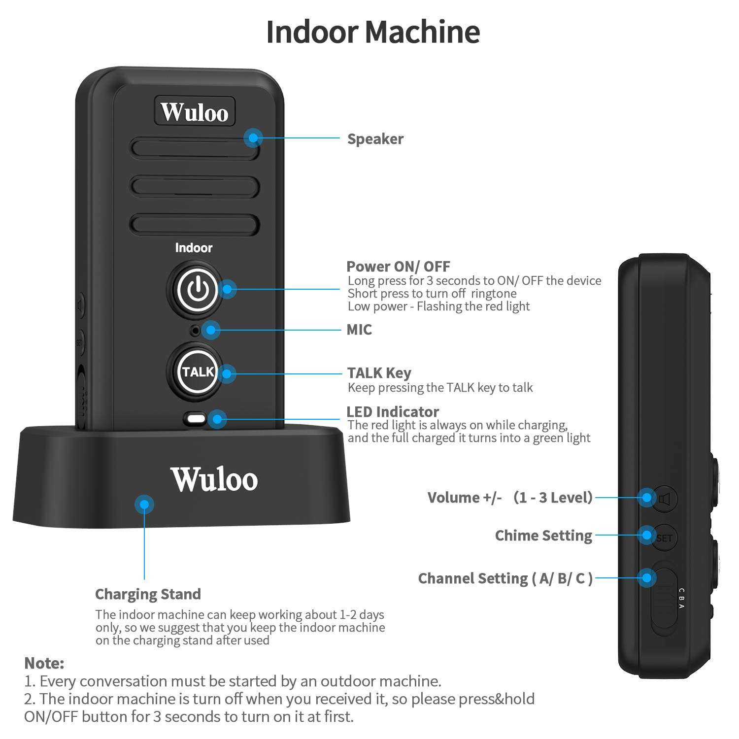 Wireless Intercom Doorbells for Home Classroom, Wuloo Waterproof Electronic Doorbell Chime with 2640 Feet Range 3 Volume Levels Rechargeable Battery (1&1-Black) 6