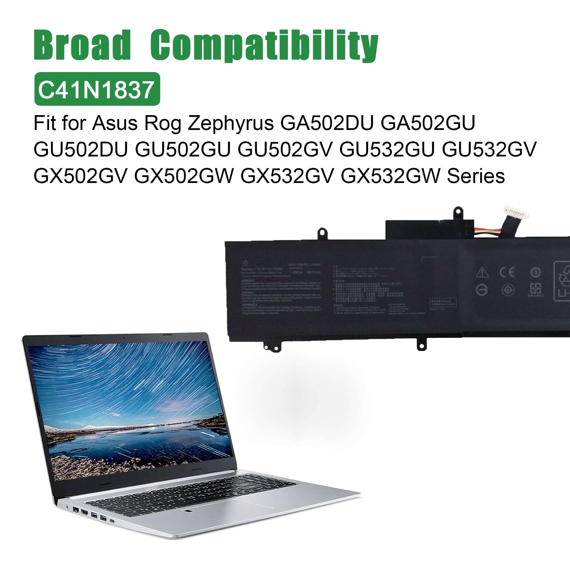 JIAZIJIA C41N1837 Laptop Battery Replacement for Asus Rog Zephyrus GA502DU GA502GU GU502DU GU502GU GU502GV GU532GU GU532GV GX502GV GX502GW GX532GV GX532GW Series Notebook 15.4V 76Wh 4940mAh 4