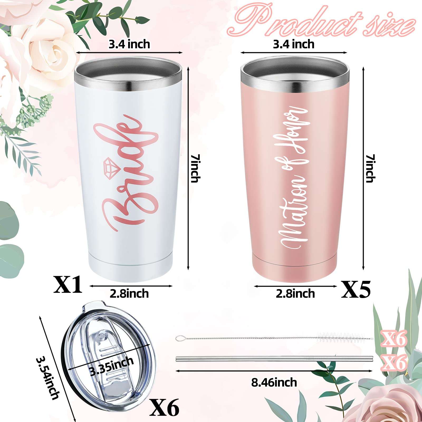 Sabary 6 Pcs Bridesmaid Cups 22 oz Bride Bachelorette Tumbler Gifts Stainless Steel Wine Tumblers with Lid and Straw Vacuum Insulated Bridesmaid Mugs Engagement Wedding Party Gifts Favors 3