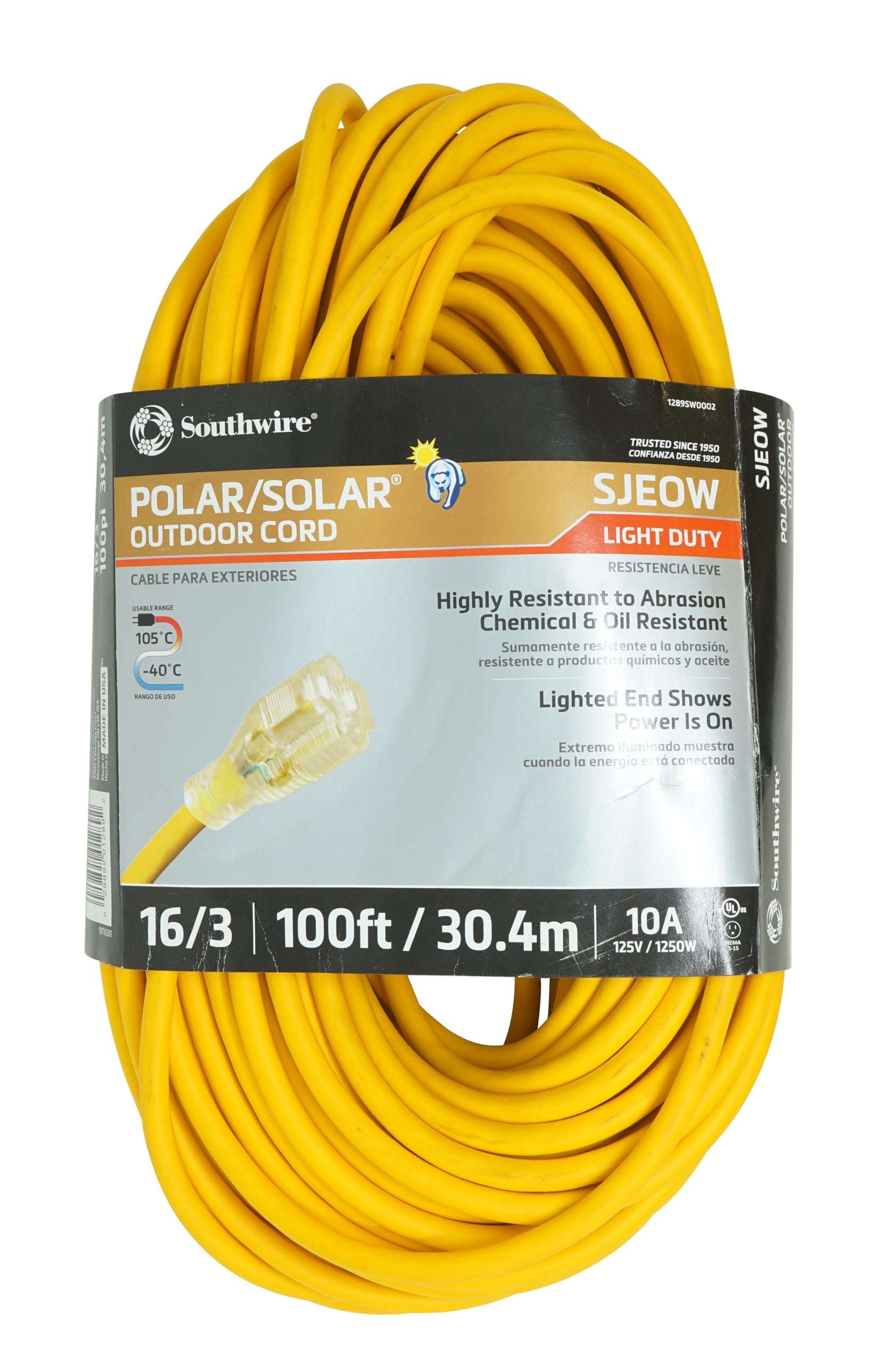 Southwire 100-Foot All-Weather 16/3 Extension Cord with Lighted End, 01289 1