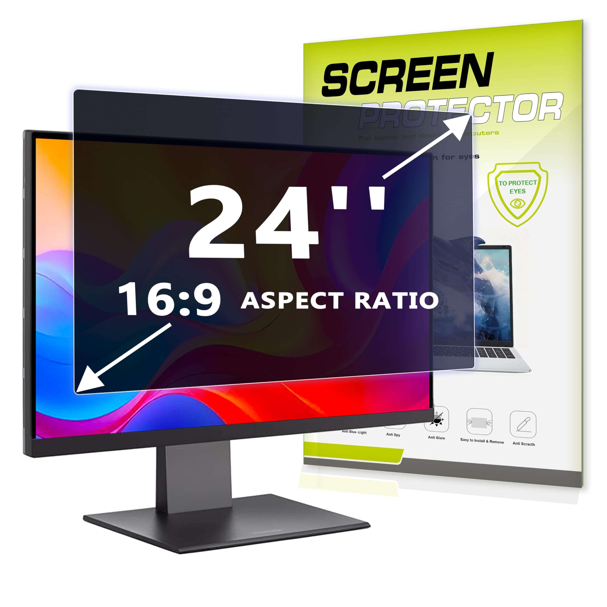 YongMai 24 Inch Computer Privacy Screen Filter, 16:9 Anti-Spy Blocker with Nano Adhesive Tape, No Bubbles Easy Install, Anti-Glare Eye Protection Scratch Resistant Film for Widescreen Monitor 1