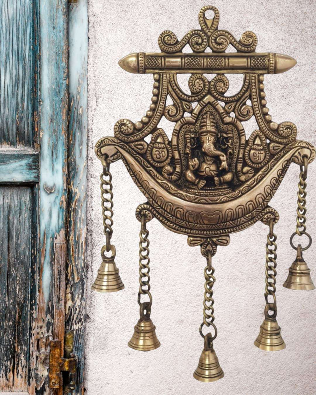 Mohan Jodero Brass Ganesha Idol Wall Hanging with Bells for Home Decor 1