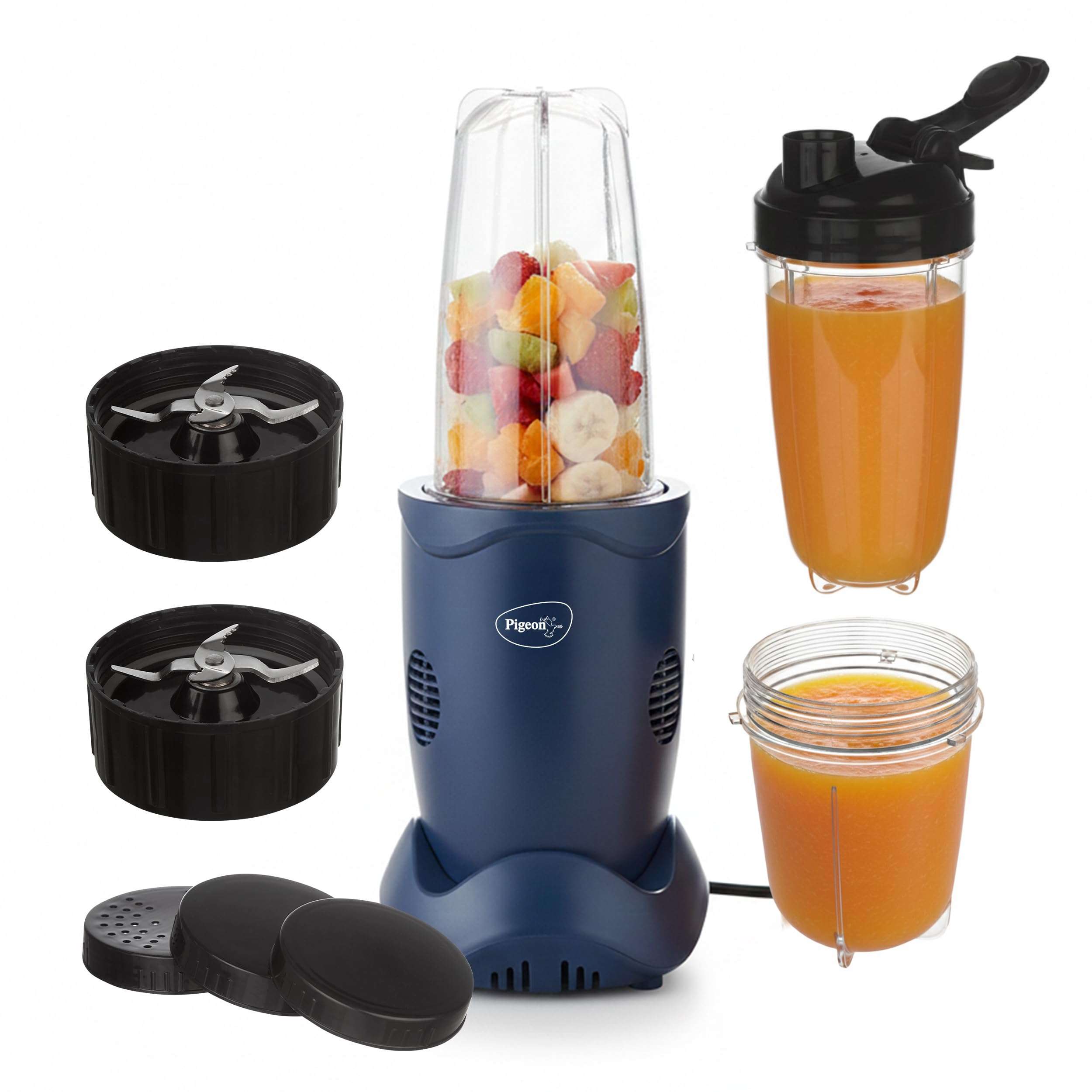Pigeon By Stovekraft Quick Blend | Grinder Juicer Blender Smoothie Maker All-in-1 Machine | 400 Watt | 3 Jars 500ml,Dry Grind 300ml,1 Sipper, 1 Strainer lid, 2 Cap |2 Blades|1 Year Warranty 1