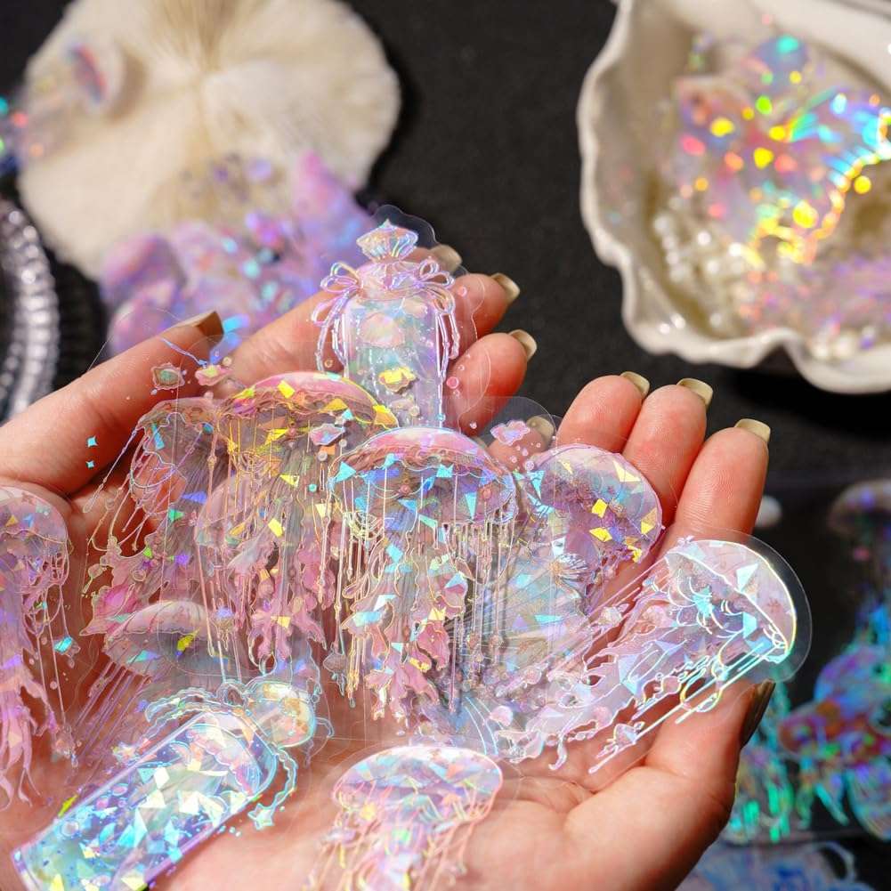 Obujopal 120 Pcs Holographic Glitter Jellyfish Stickers for Scrapbook Junk Journal Collage Water Bottle Planner Diary Phone Case Laptop Notebook Card Making Craft Decoration, 60 Patterns 6