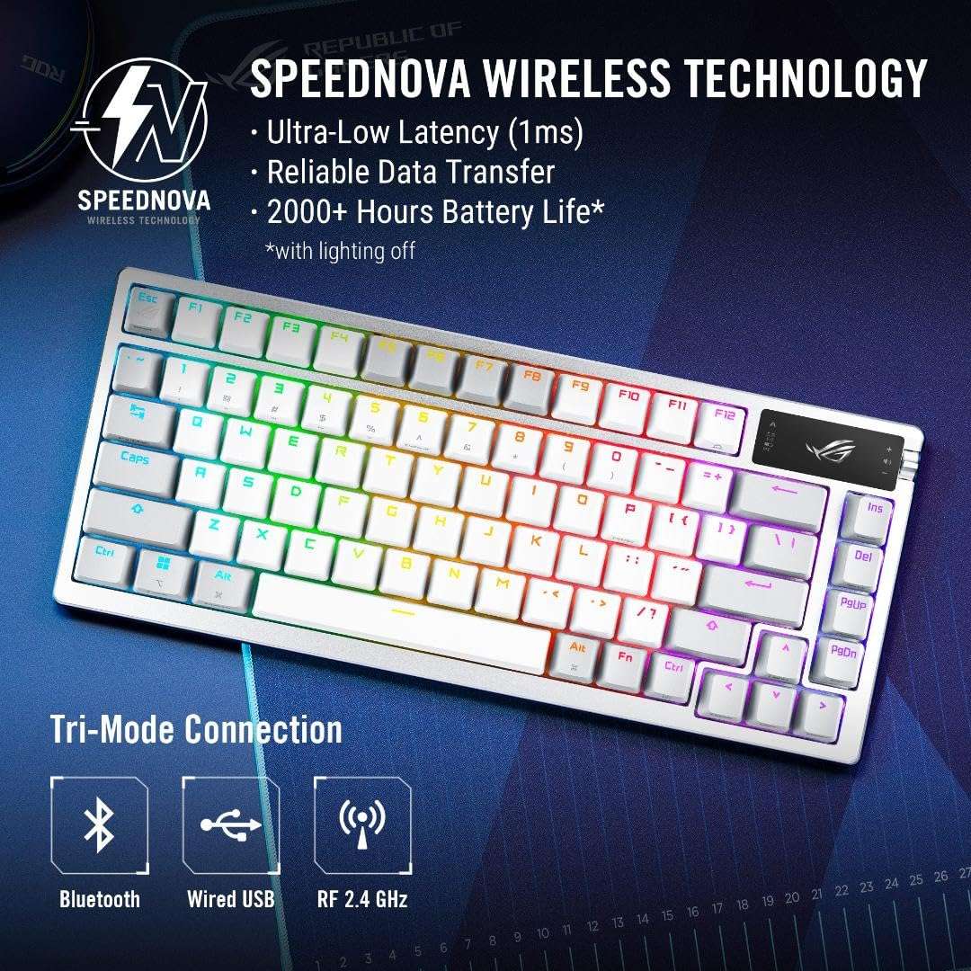 ASUS ROG Azoth Wireless Mechanical Gaming Keyboard – 75% TKL, Tri-Mode Connectivity, Hot Swappable Pre-lubed ROG NX Storm Clicky Switches, PBT Keycaps, RGB, OLED Display, PC/Mac Support - White 2