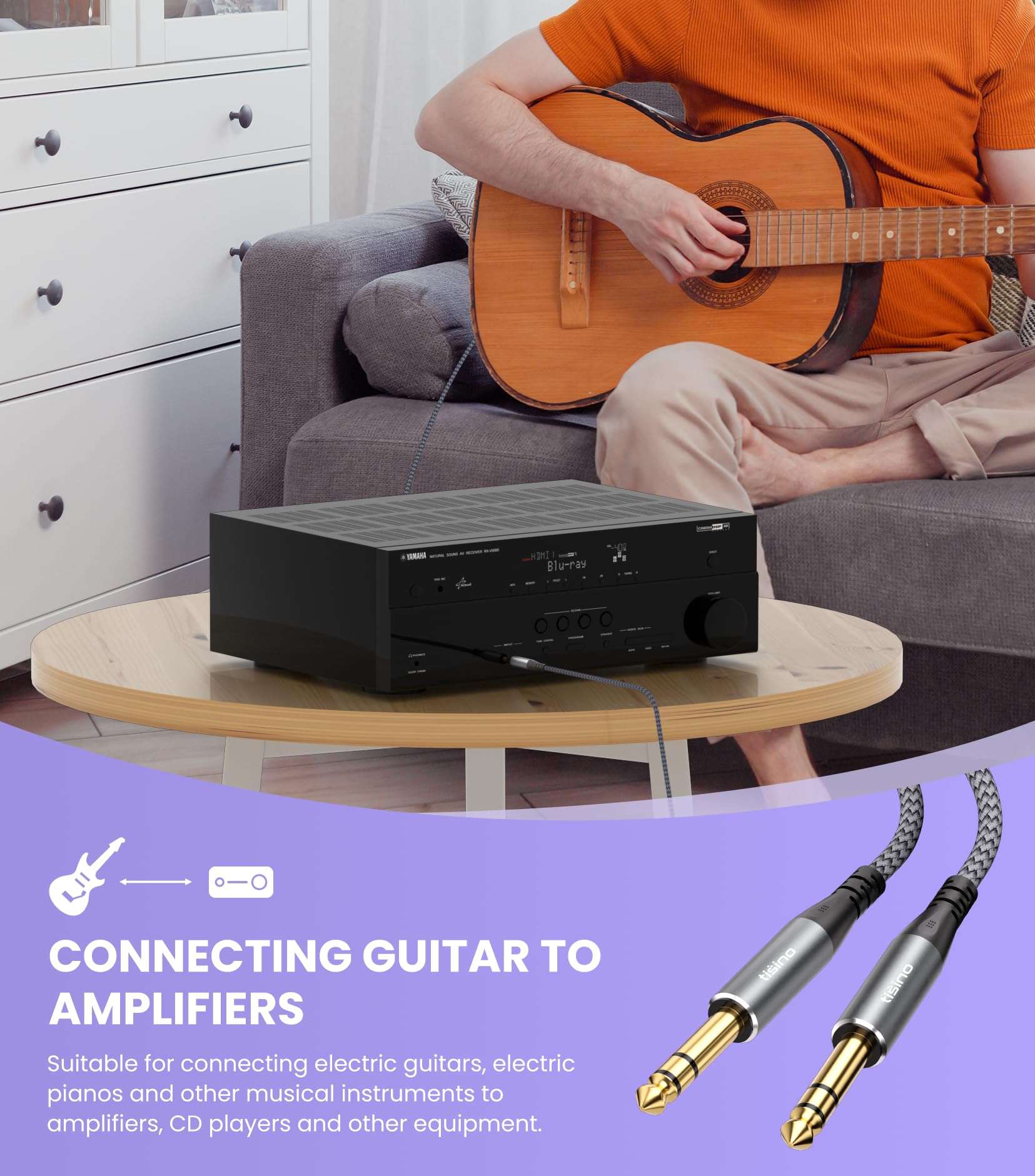 Tisino 1/4" TRS Cable-1/4 Male to 1/4 Male Audio Cable Balanced Stereo Audio Cable, Nylon Braid-Pro Interconnect and Guitar Cable Audio Cable for Studio Monitors,Mixer,Speaker-6.6 Feet 6