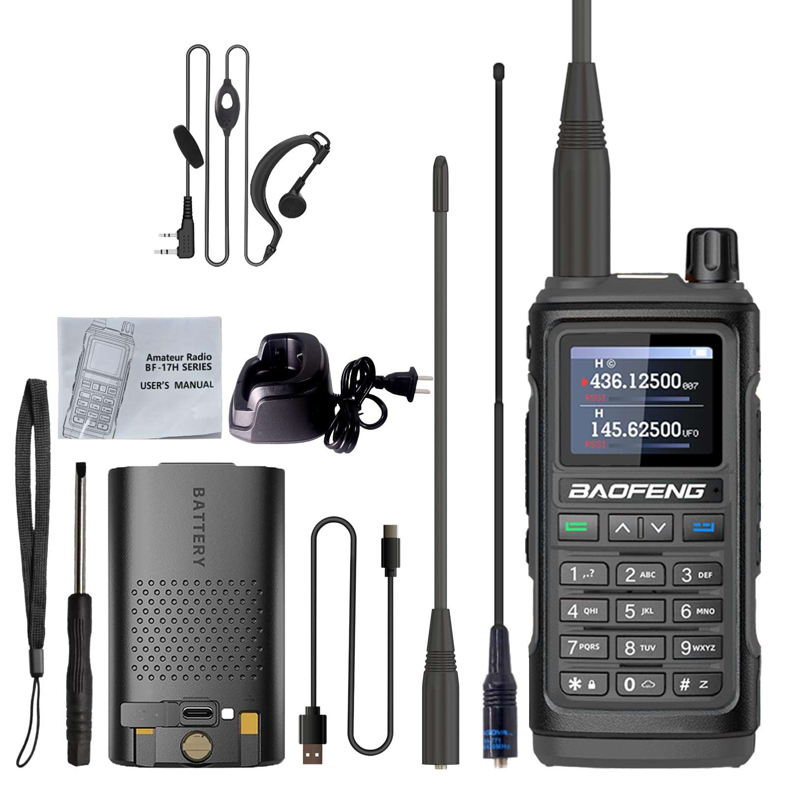 BAOFENG UV-17H GPS Two Way Radio Type-C Charging High Power Radio UV-17 Pro Max GPS 1.77in LCD Screen Rechargable Ham Radio (Black) 1