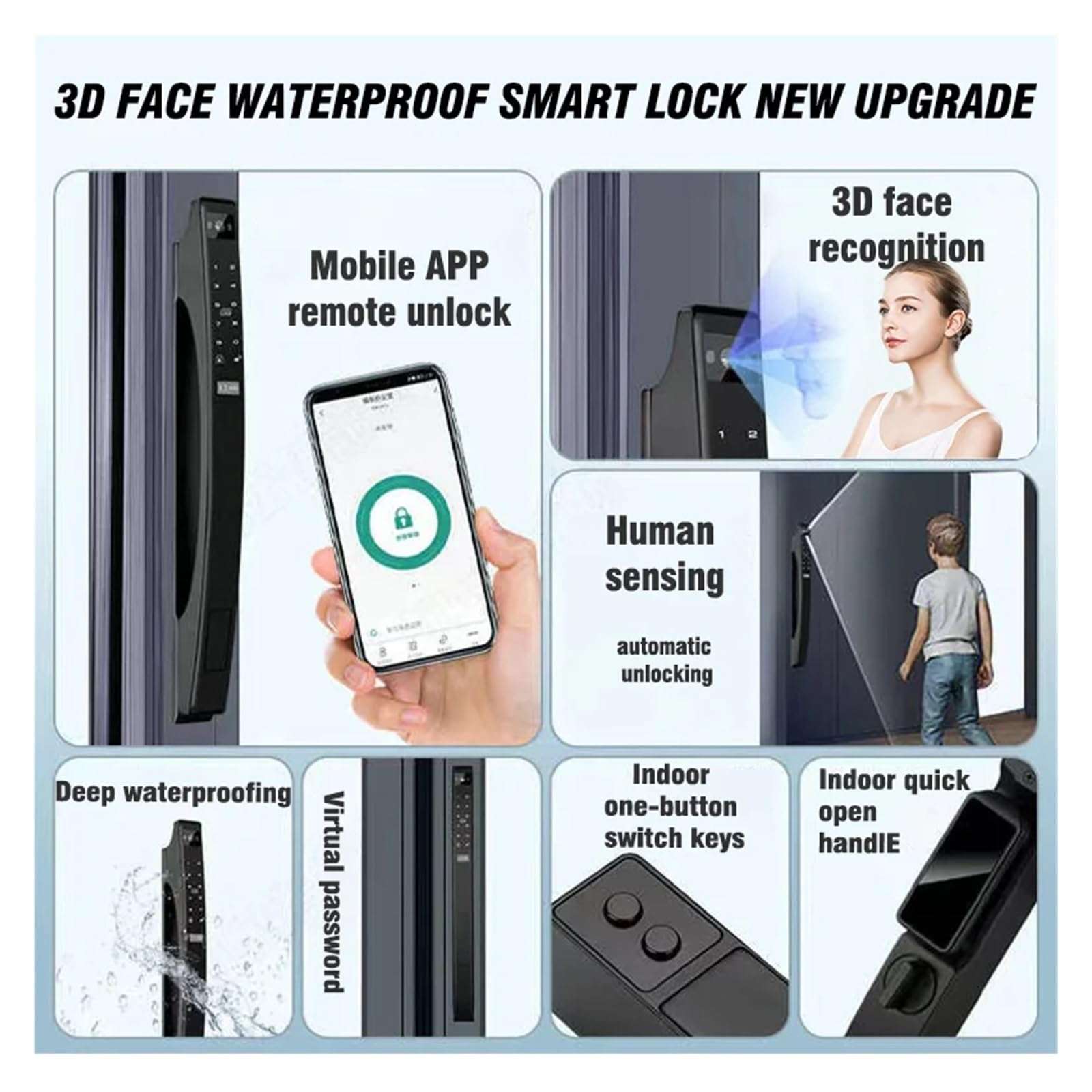 KIEEQGAK Tuya WiFi Smart Door Lock，Electronic Lock，3D Face Unlock Password Key IC Card Fingerprint Unlock，Sliding Door Lock(240x4585,Gray) 5