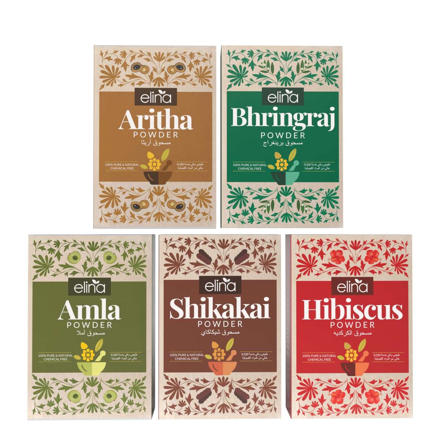 Elina Organic Herbal Powder for Hair |No Added Preservative and Additives | 100% Pure and Natural | Amla, Reetha, Shikakai, Bhringraj, Hibiscus Powder for Hair Care Combo Pack of 5(500g) 1