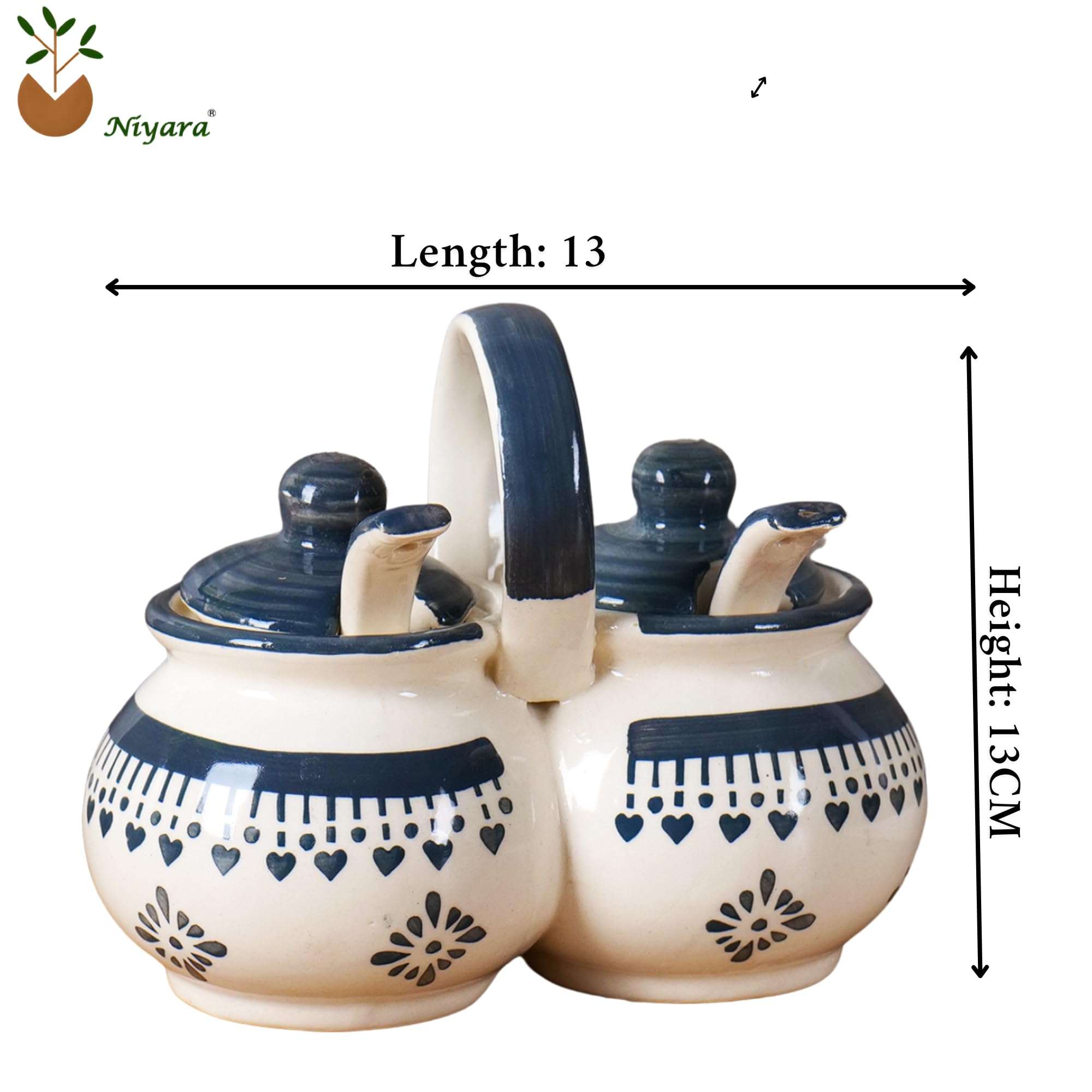 Niyara Multipurpose Storage Ceramic Pickle set Jars & with Lid & tray (Set of 2, 300 ML) (Grey flower design) 6