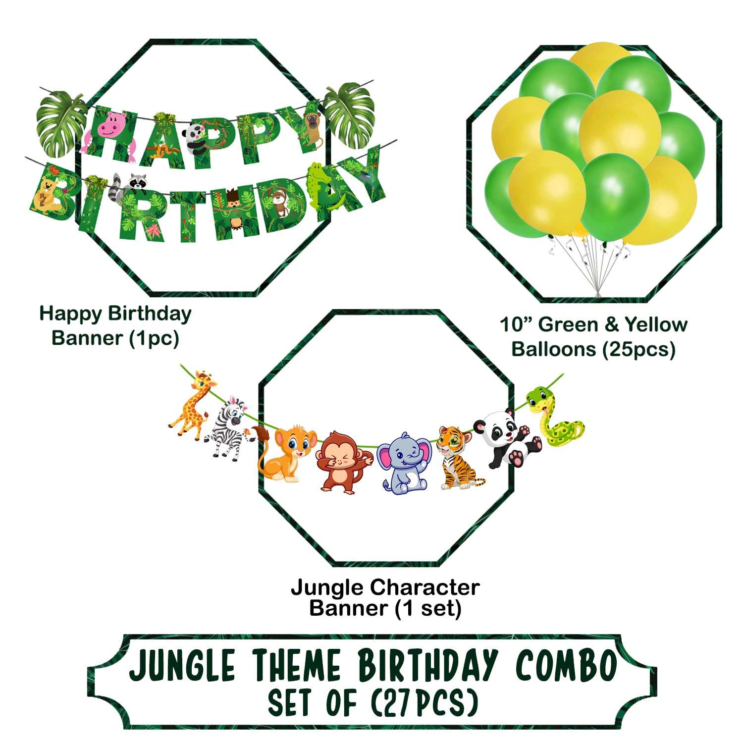 Zyozique Jungle Safari Happy Birthday Decoration Kids,Animal Birthday Banner,Character Banner with Latex Balloons, for Boy Birthday 1st 2nd 3rd 16th 18th 21st (Pack of 27) 3