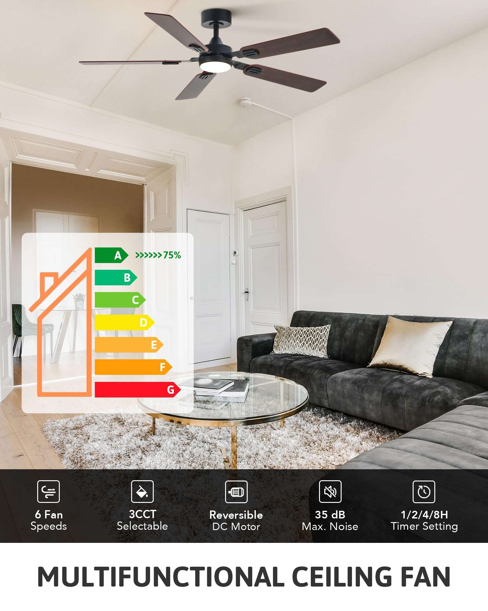 VONLUCE Ceiling Fans with Lights and Remote, 52" Ceiling Fan with 5 Blades, 6-Speeds Noiseless Reversible DC Motor for Farmhouse Bedroom Indoor, Walnut 3
