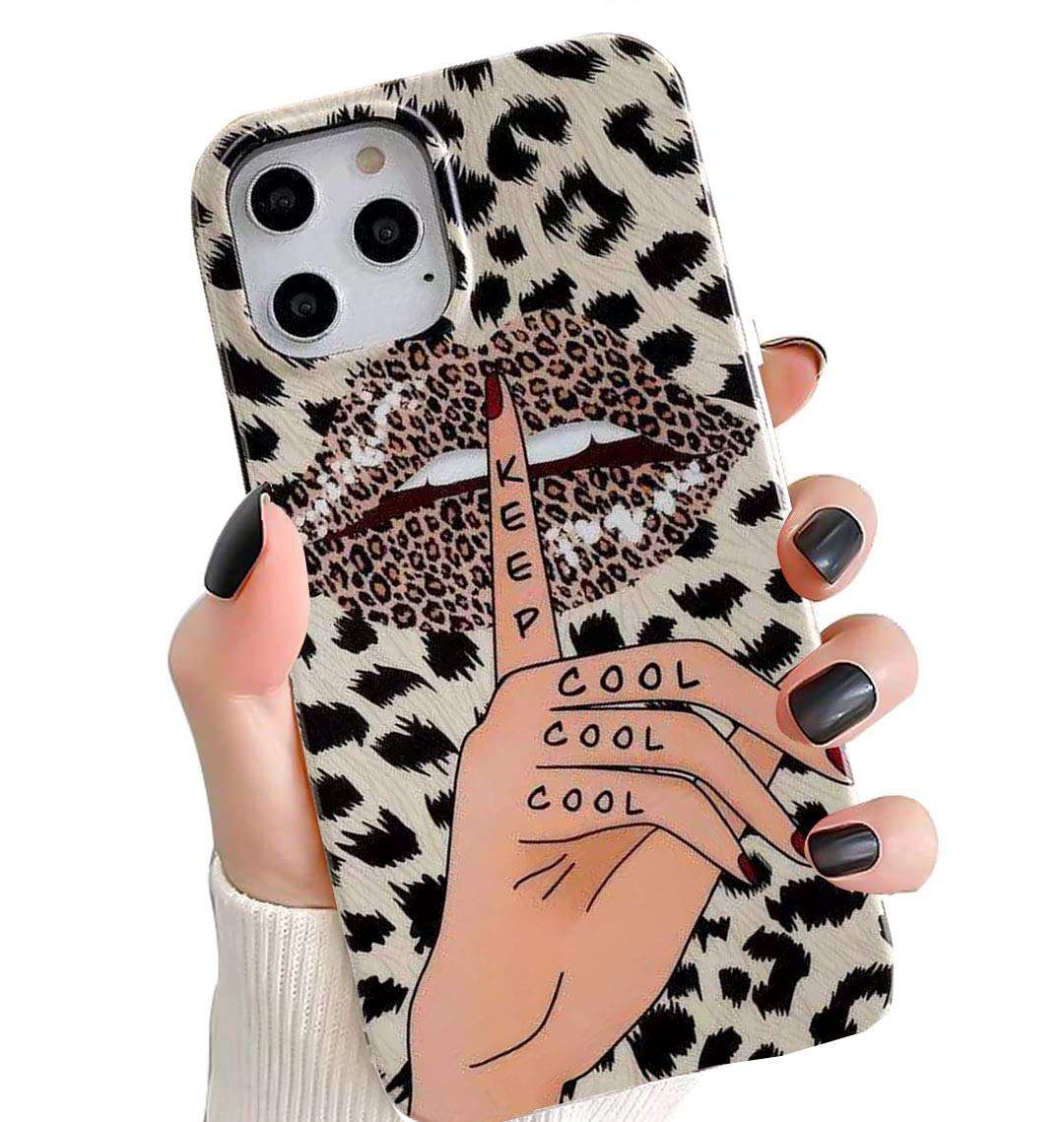 Leopard Case for iPhone 12/12 Pro Women's Lips Finger Funny Cool Luxury Protective Phone Cases Stylish Soft TPU Anti-Shock Dropproof Super Slim Back Cover Rubber Gel Case for iPhone 12/12Pro 6.1 inch 1