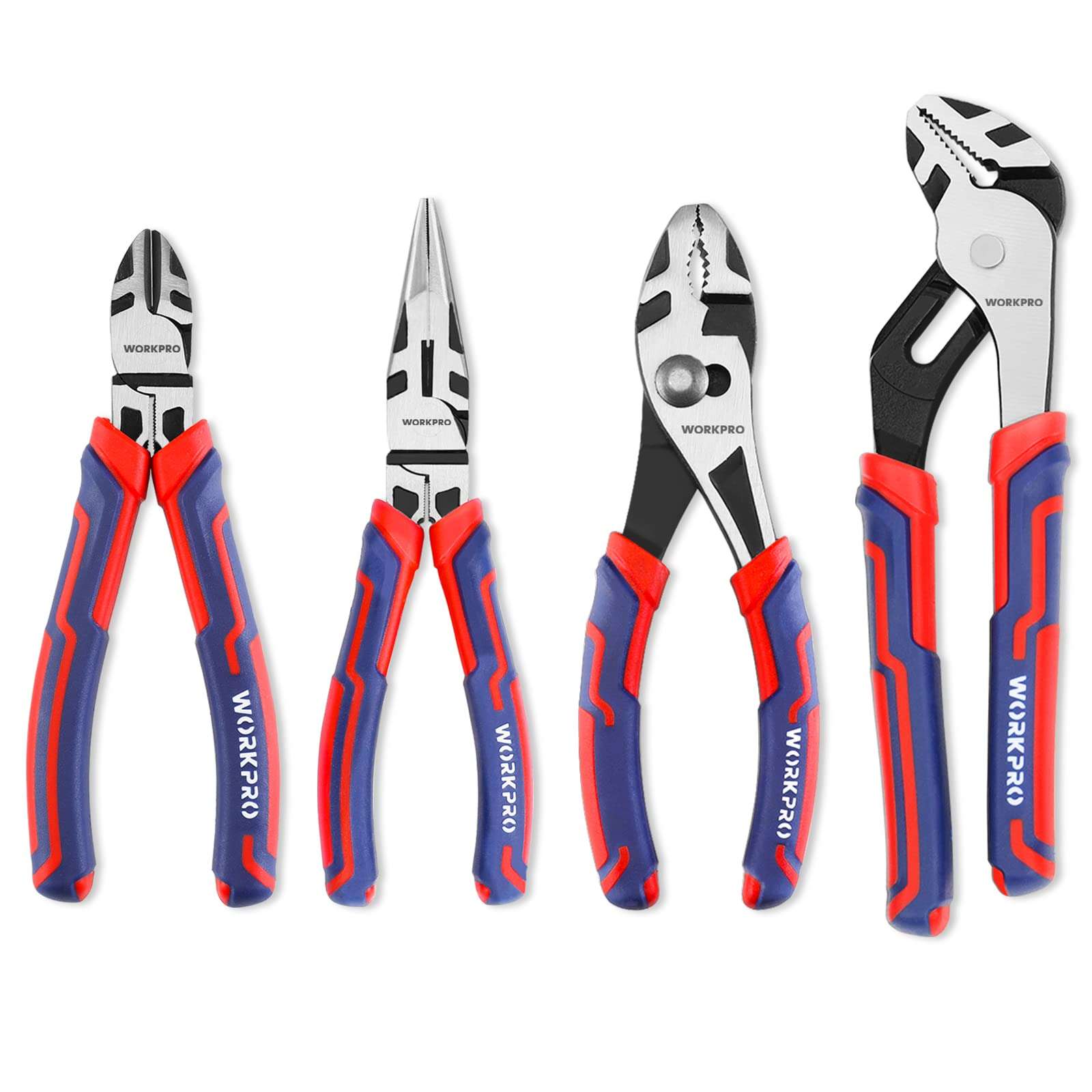 WORKPRO 4-Piece Pliers Set - Premium CR-V Construction Tool Set Including Long Nose, Diagonal Cutting, Groove Joint and Slip Joint Pliers - Red 1