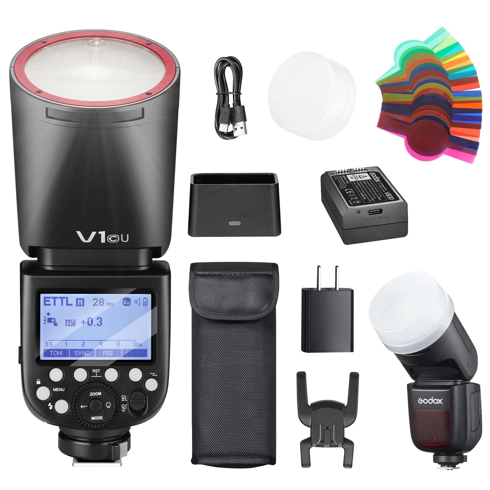 Godox V1C USA V1-C U Round Head Flash for Canon TTL Hot Shoe Flash 2.4G X Wireless HSS 1/8000s 2980mAh Lithium Battery LED Modeling Lamp Shot speedlight with Tri-Color Diffuser for Canon(USA Version) 1