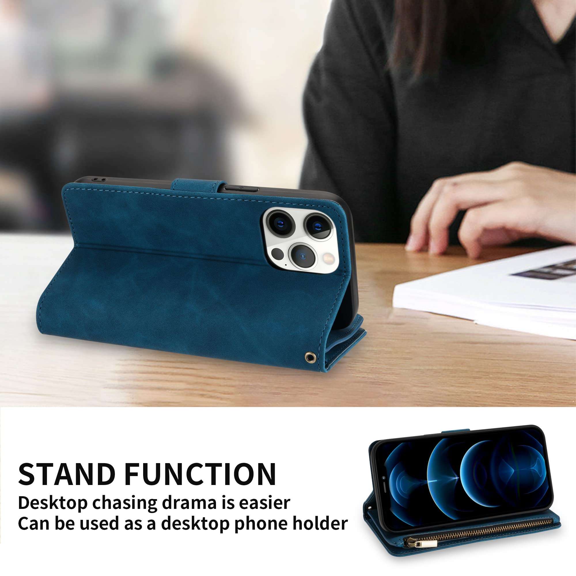 ZZXX for iPhone 12 Pro Max Wallet Case with Card Slot Premium Soft PU Leather Zipper Flip Folio Wallet with Wrist Strap Kickstand Protective for iPhone 12 Pro Max Case Wallet(Blue 6.7 inch) 6