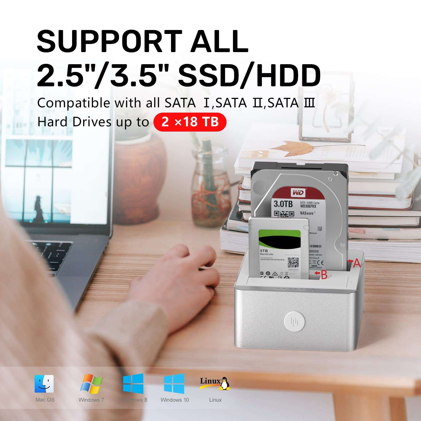 Unitek Aluminum USB 3.0 to SATA Dual Bay External Hard Drive Docking Station with UASP for 2.5 / 3.5-inch HDD SSD, Hard Drive Duplicator/Offline Clone Function (2 x 18TB Support)-Silver 2