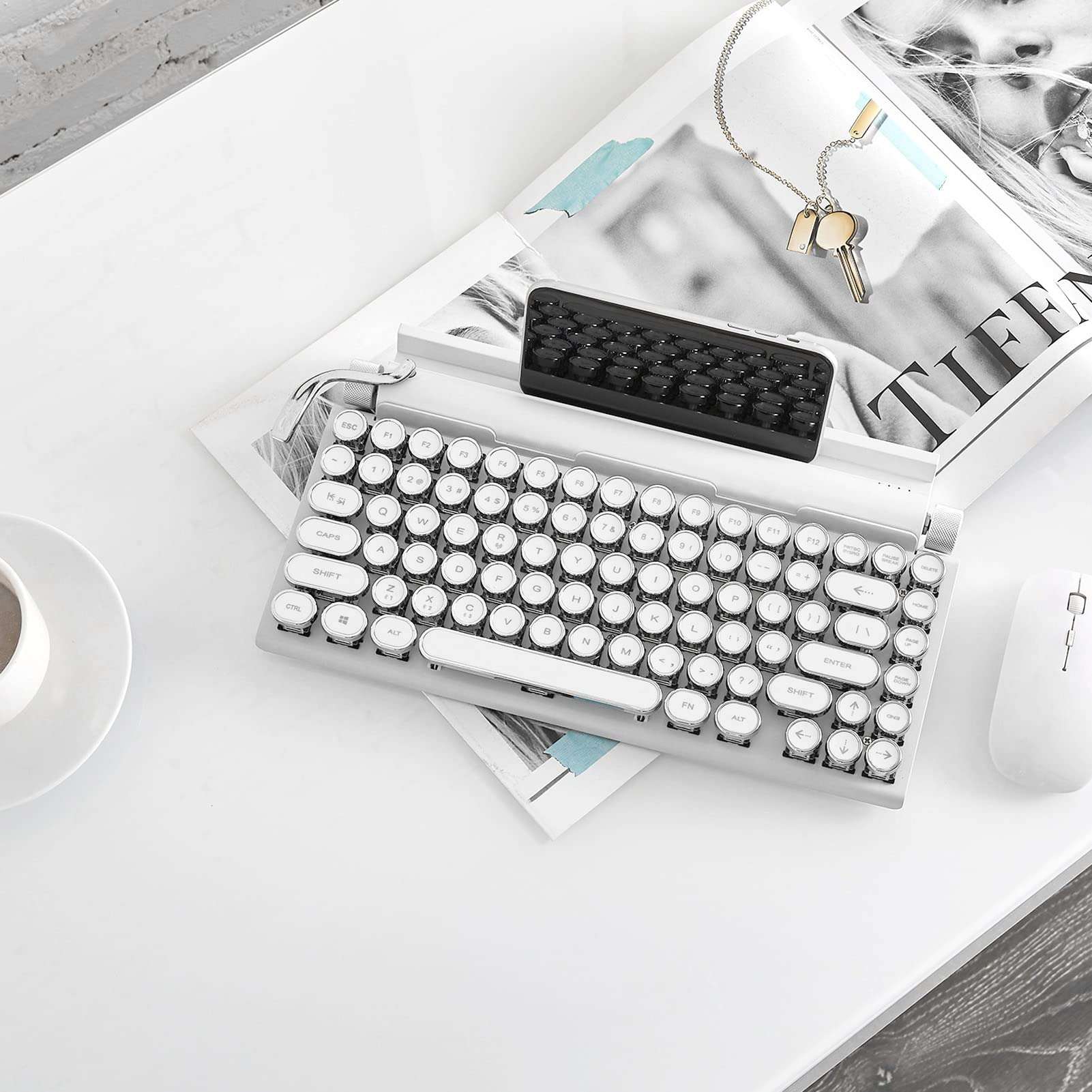 Mechanical Keyboard, Cordless Gaming Keyboard, 83 Key Knob Control Round Keycaps Design, Ergonomic 3 Modes Cordless Keyboard for Phone Laptop, Plug and Play (White) 6