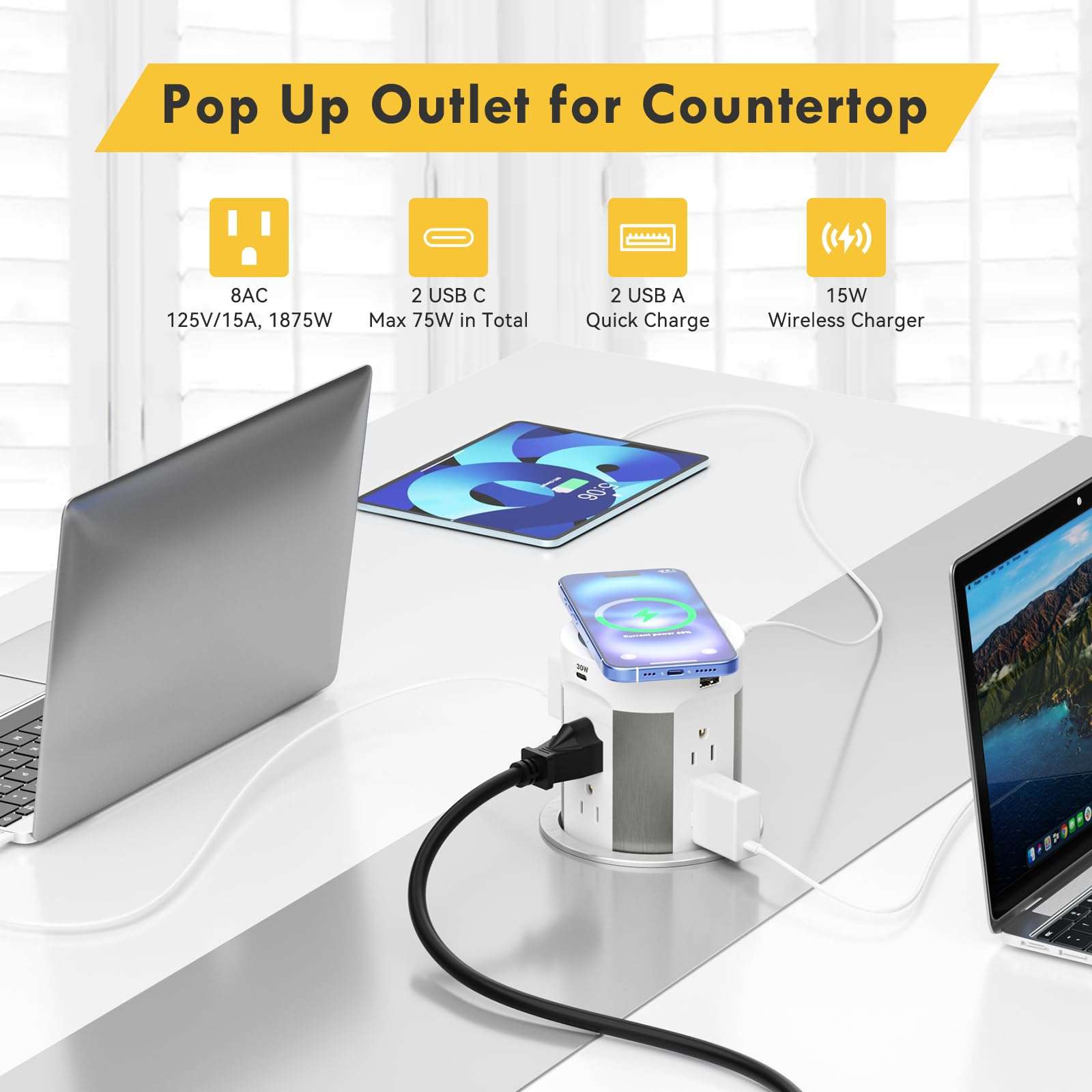 Kungfuking Pop Up Outlet for Countertop Kitchen, 15W Wireless Charger, 75W USB C Counter Top Electrical Power, 8 Outlets & 4 USB Ports, 4"Hole Recessed Popup Outlet for Island Conference Table Office 3