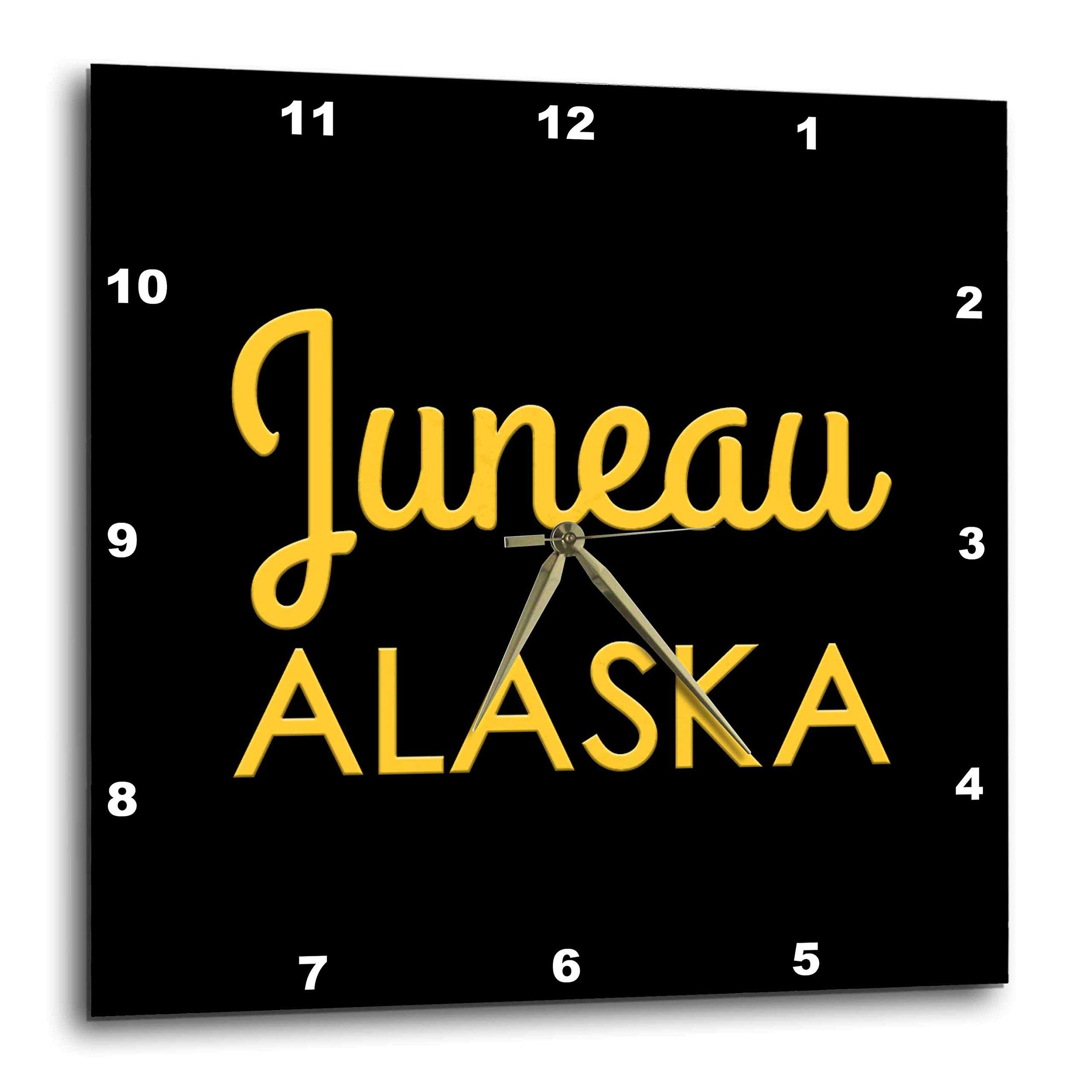 3dRose Wall Clock Silent - 13 inch - Juneau, Alaska State. United States Patriot Home Town Talisman - Alexis Design - American Cities Yellow on Black 1