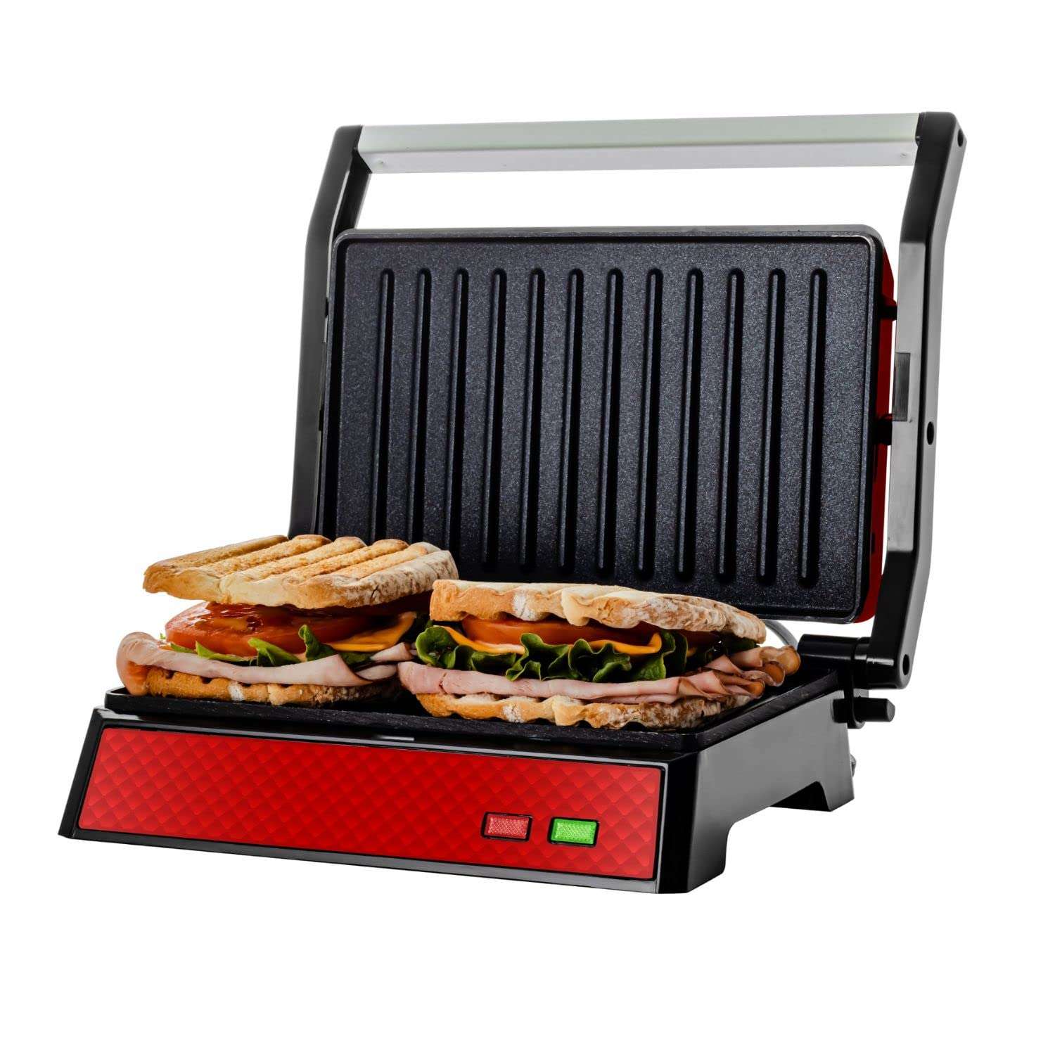OVENTE Electric Indoor Panini Press Grill and Sandwich Maker with Non-Stick Coated Plates, Cool-Touch Handle and Removable Drip Tray, Opens 180 Degrees to Fit Any Type or Size of Food, Red GP0540R