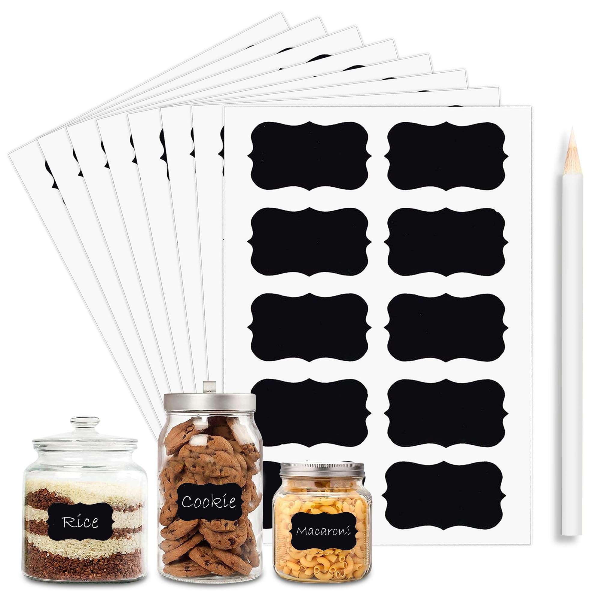 GLUN 100 Piece Waterproof Vinyl Black Labels Stickers for Mason Jar Glass & Plastic Bottles, 100 Labels Piece Stickers with 1 Piece White Pencil, Self-Adhesive Spice 1