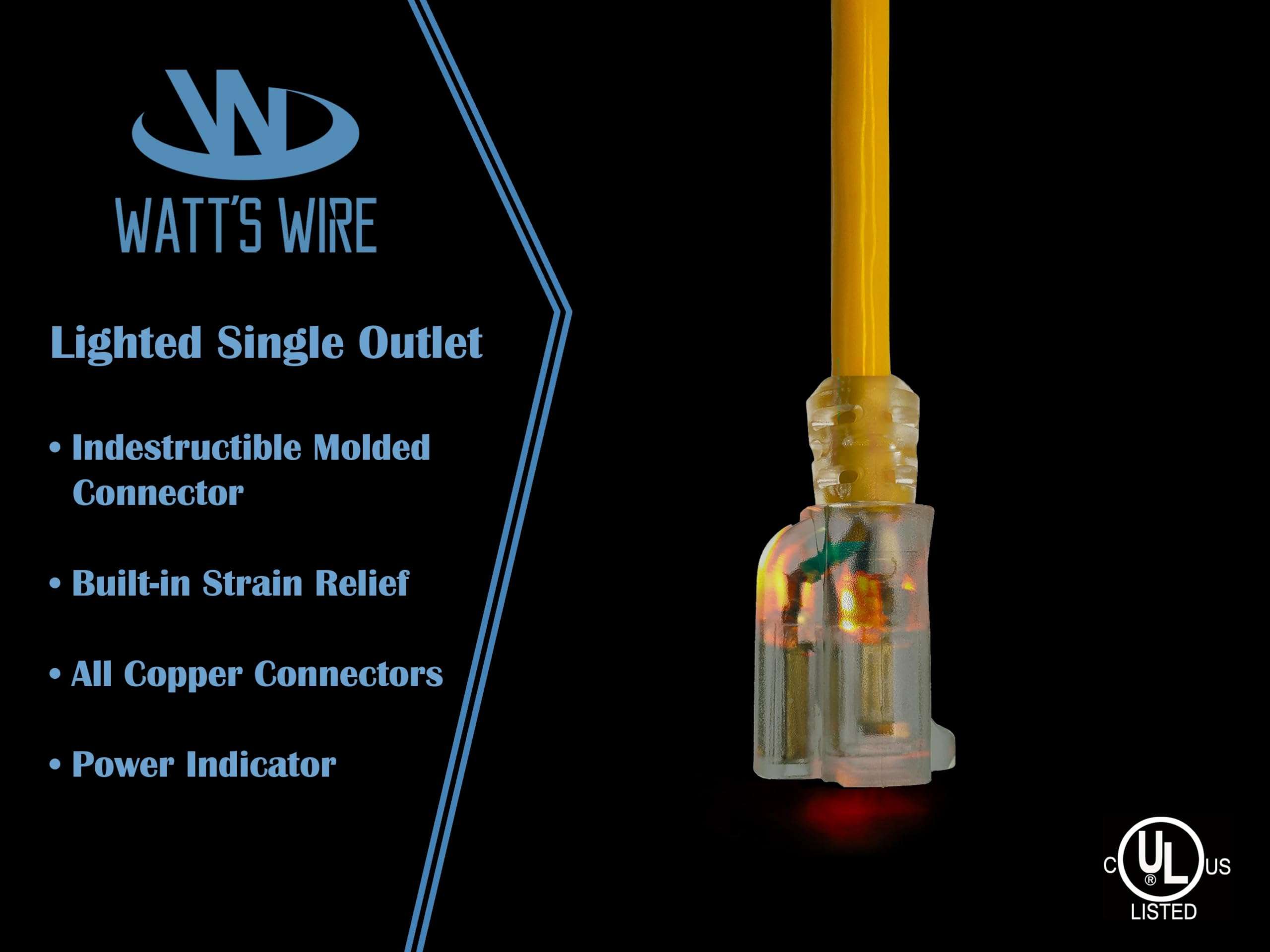 50 ft - 12 Gauge Heavy Duty Extension Cord - Lighted SJTW - Indoor/Outdoor Extension Cord by Watt's Wire - 50' 12-Gauge Grounded 15 Amp Extension Cord 3