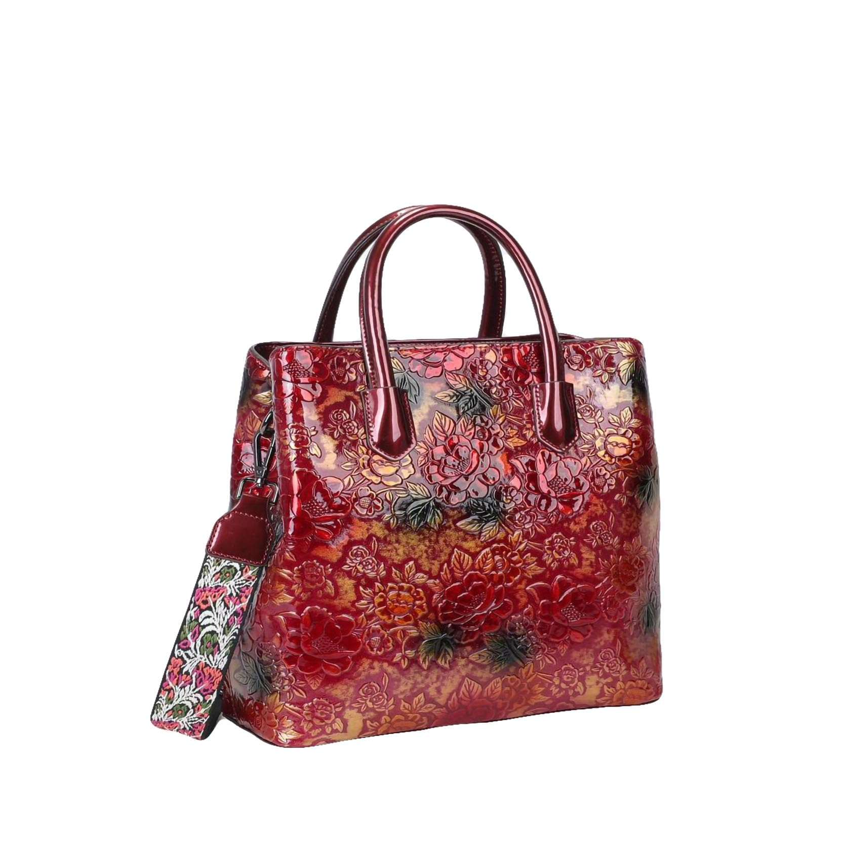 DAZZLE Floral Embossed PU Leather Handbags with Fancy Embroidery, Long Belt, Zipper Closure, Satchel Style, for Women L Red 1