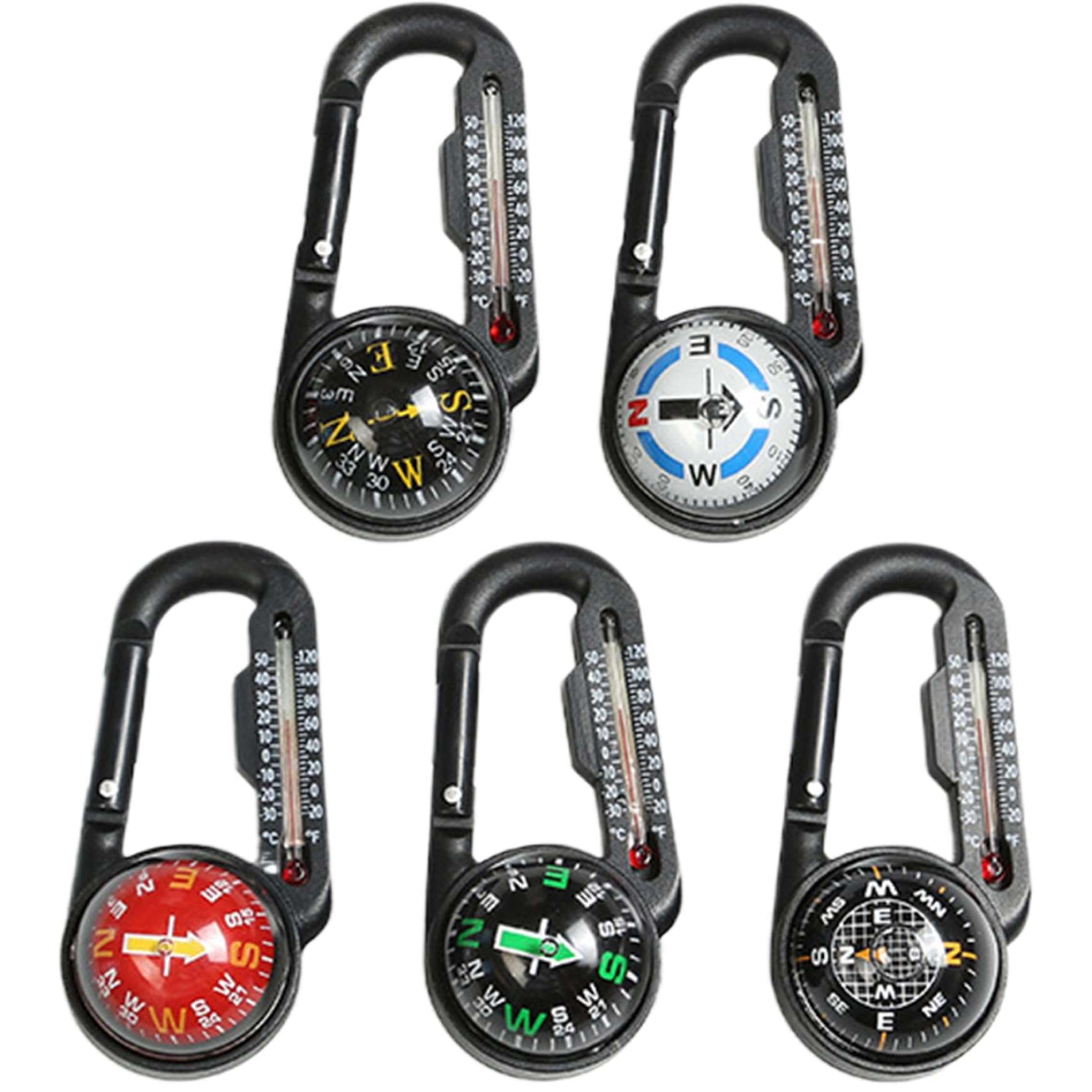 Compass Hiking Survival, 5pcs Waterproof Plastic Hiking Compass with Carabiner & Thermometer Clip, Pocket Compass Keychain for Outdoor Survival Camping 3