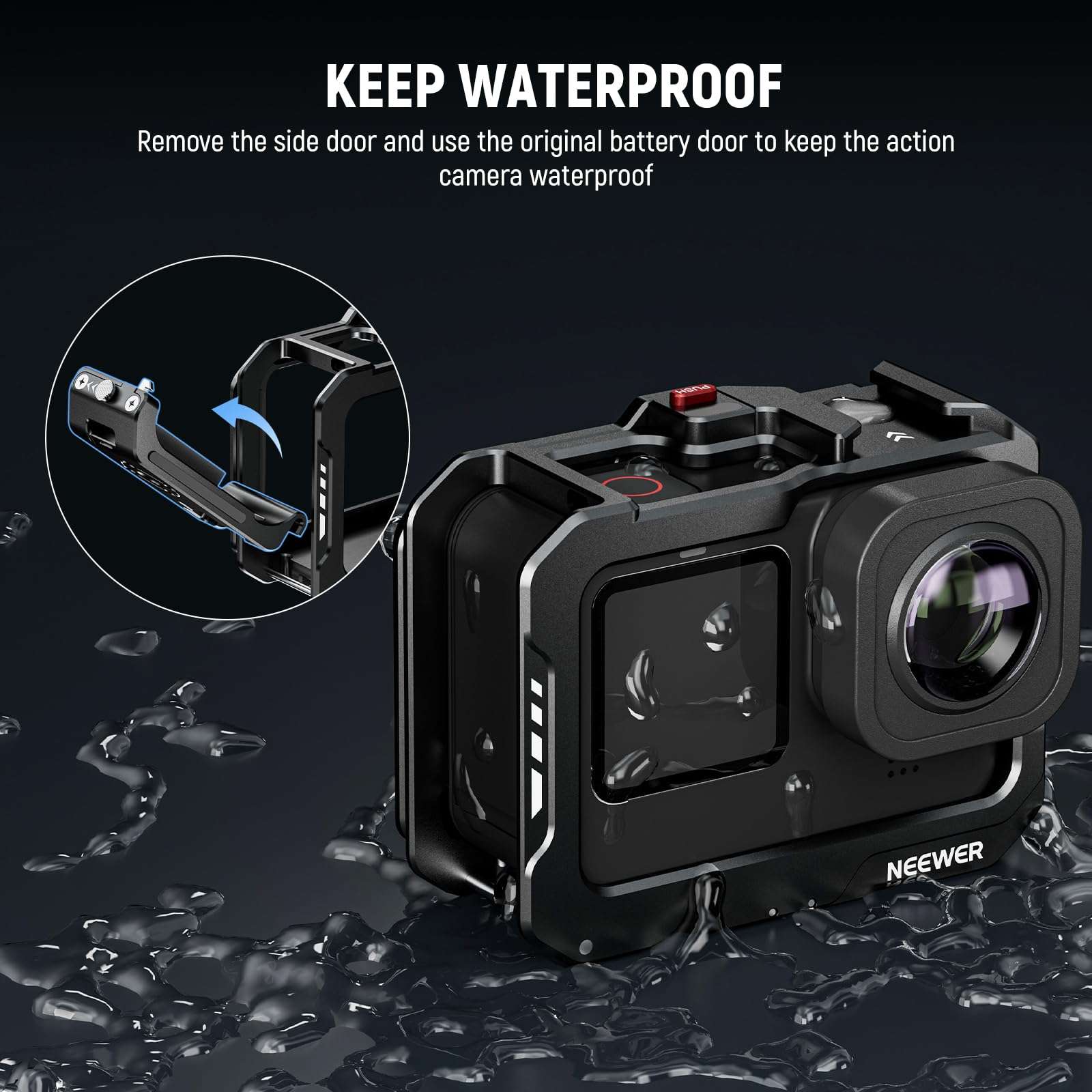 NEEWER Metal Video Rig Cage for GoPro Hero 12 11 10 9, Compatible with SmallRig DJI Quick Release Adapter Mount & Max Lens Mod, Cold Shoes for Light Mod & Mic, Removable Battery Door, AC007 4