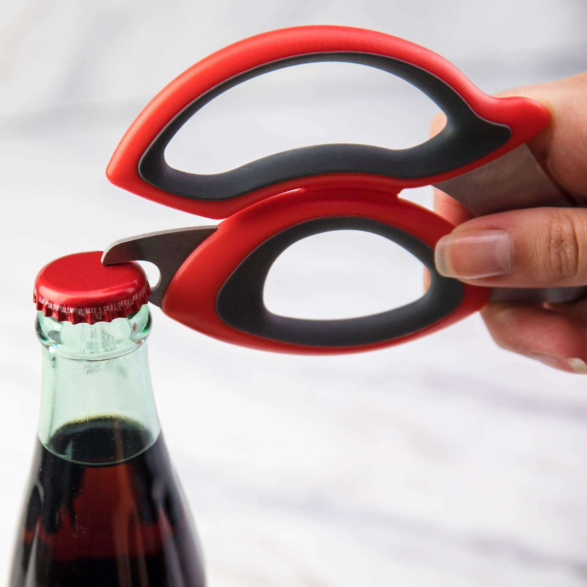 Tovolo Shears with Comfort Grip Handles & Built-in Bottle Opener Heavy Duty Kitchen Scissors with Micro-Serrated Blade, Printed Measurement Guide, Dishwasher Safe & BPA-Free, One Size, Red 4