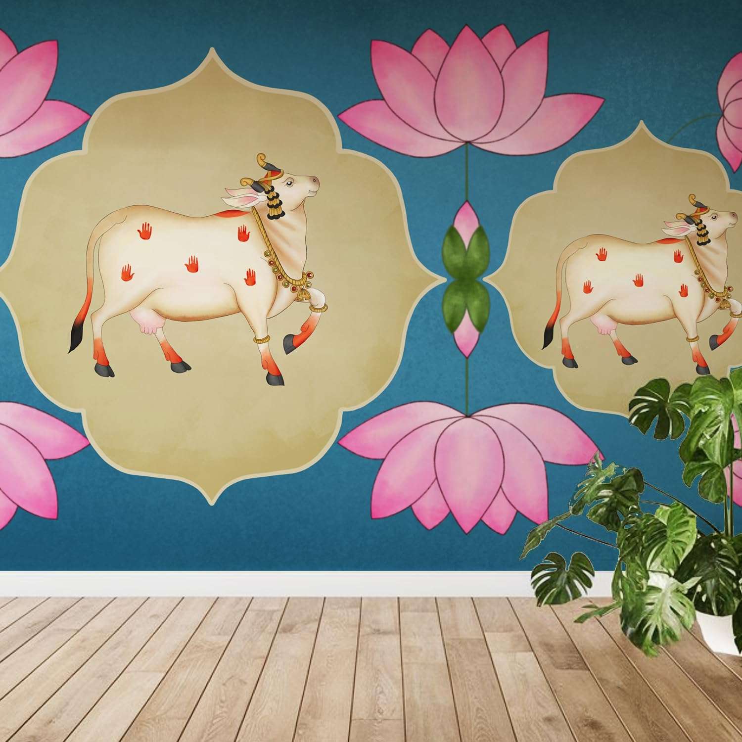 PAPER PLANE DESIGN Cow and Lotus Ethnic Spiritual Wall Mural Wallpaper. Full Wall Coverage. (Ds-05) (12 X 15 FEET, Canvas Texture - SELF Adhesive) 1