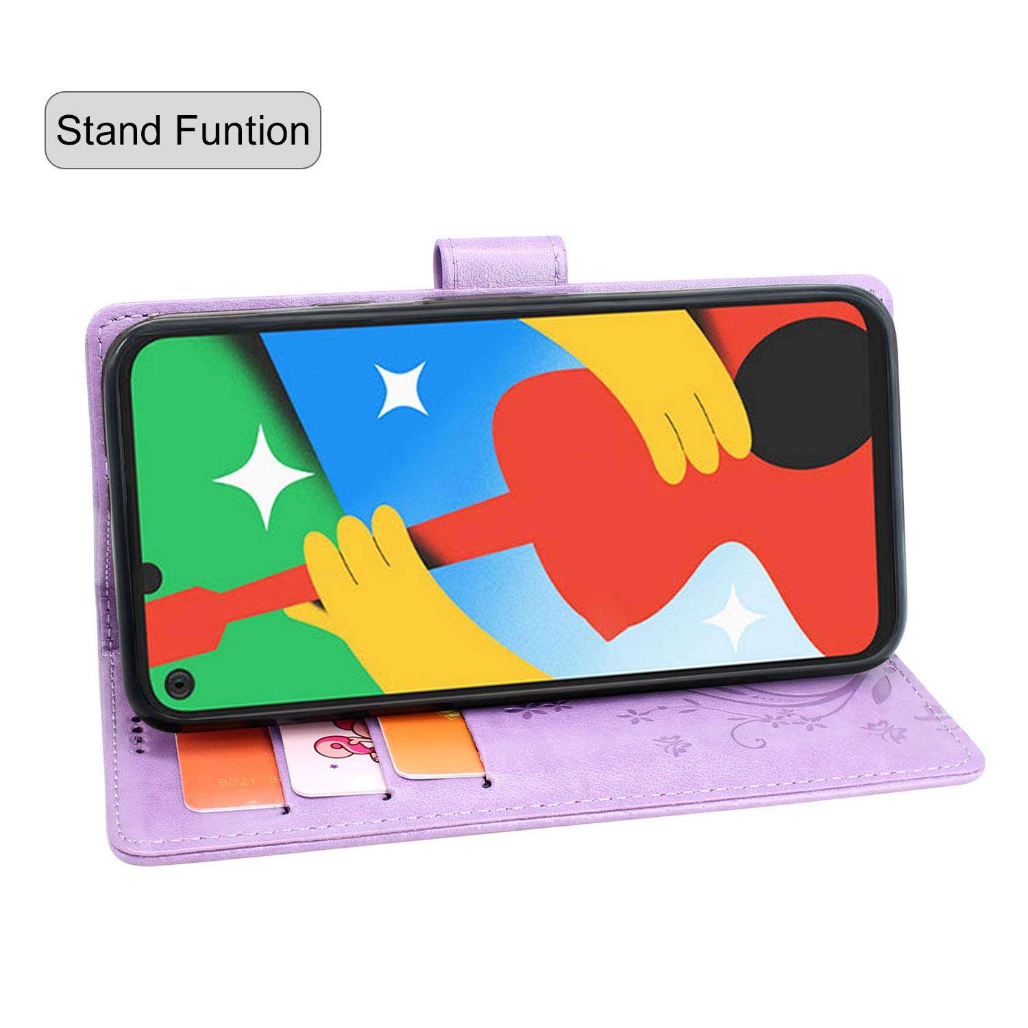 Lacass Floral Butterfly PU Leather Flip Wallet Case Cover Kickstand with Card Slots and Wrist Strap for Google Pixel 4a 5G (Not fit Pixel 4a 4G) (Light Purple) 3