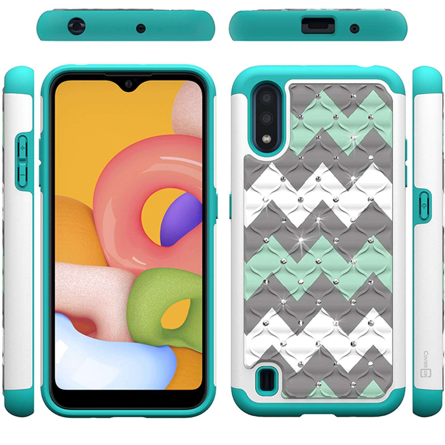 CoverON Bling Hybrid Aurora Series Diamond Bling Rhinestone Dual Cover for Samsung Galaxy A01 Case - Teal Chevron 3