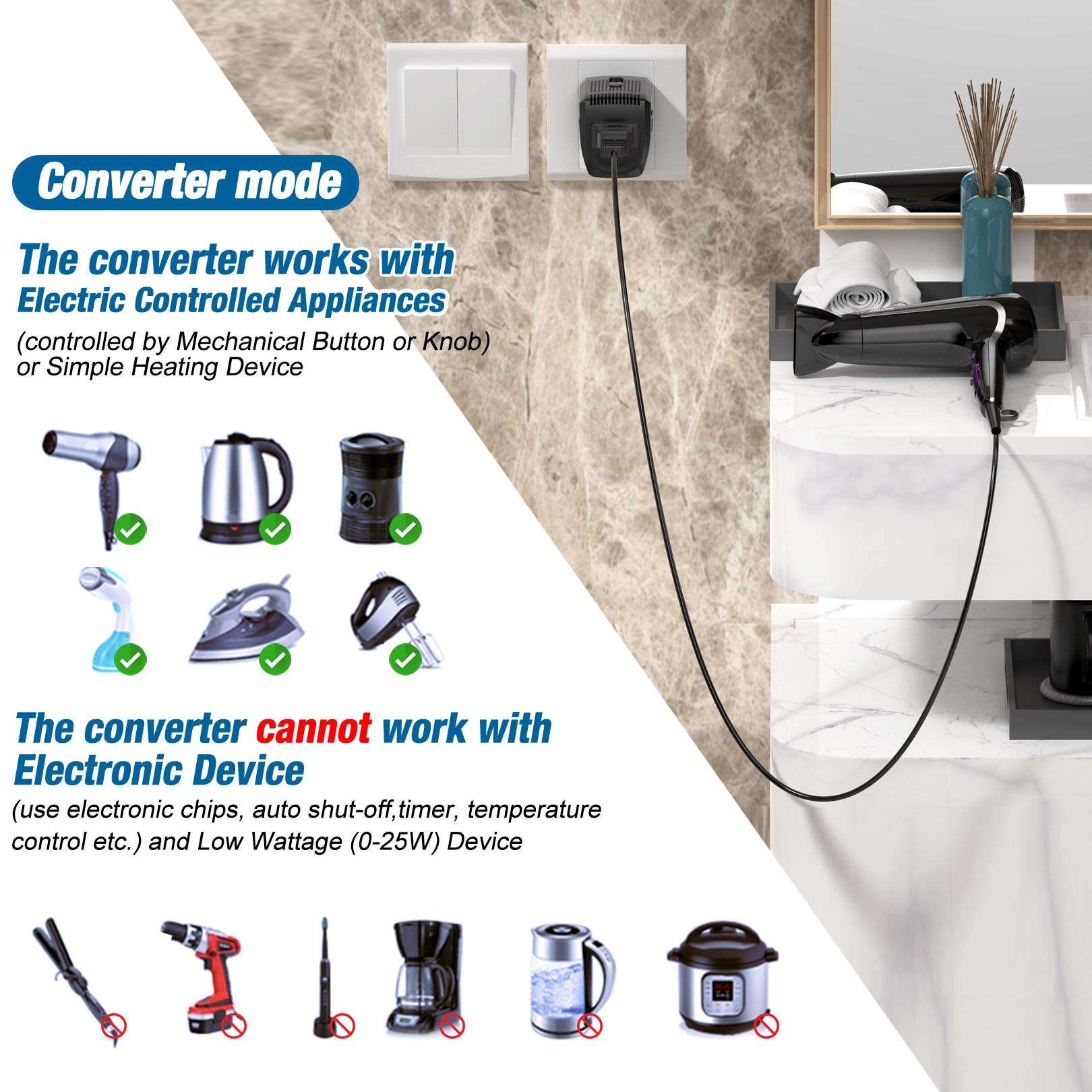 2000Watts Voltage Converter, 220V to 110V Converter, International Plug Adapter, Power Converter Adapter Combo, US to Europe, UK, Israel, Africa Over 150 Countries (Black) 5