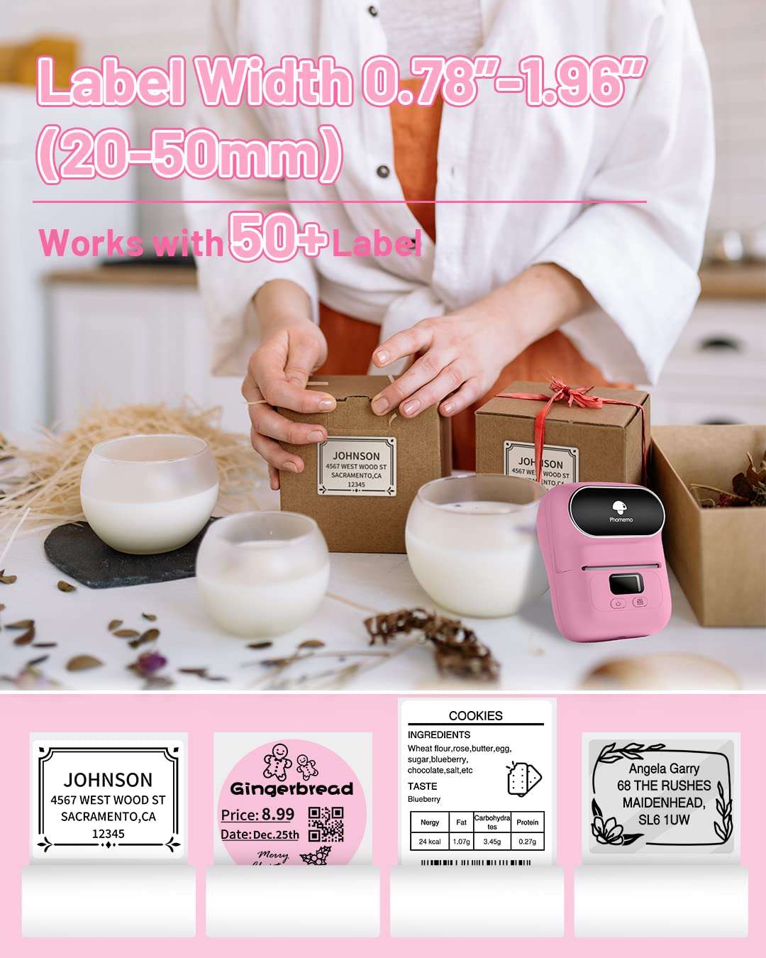 Label Maker, Phomemo M110 Label Maker for Small Business, Bluetooth Thermal Label Maker Compatible with iOS & Android, Barcode Label Printer with Tape, Address Labels, Reatil, Images, Pink 6