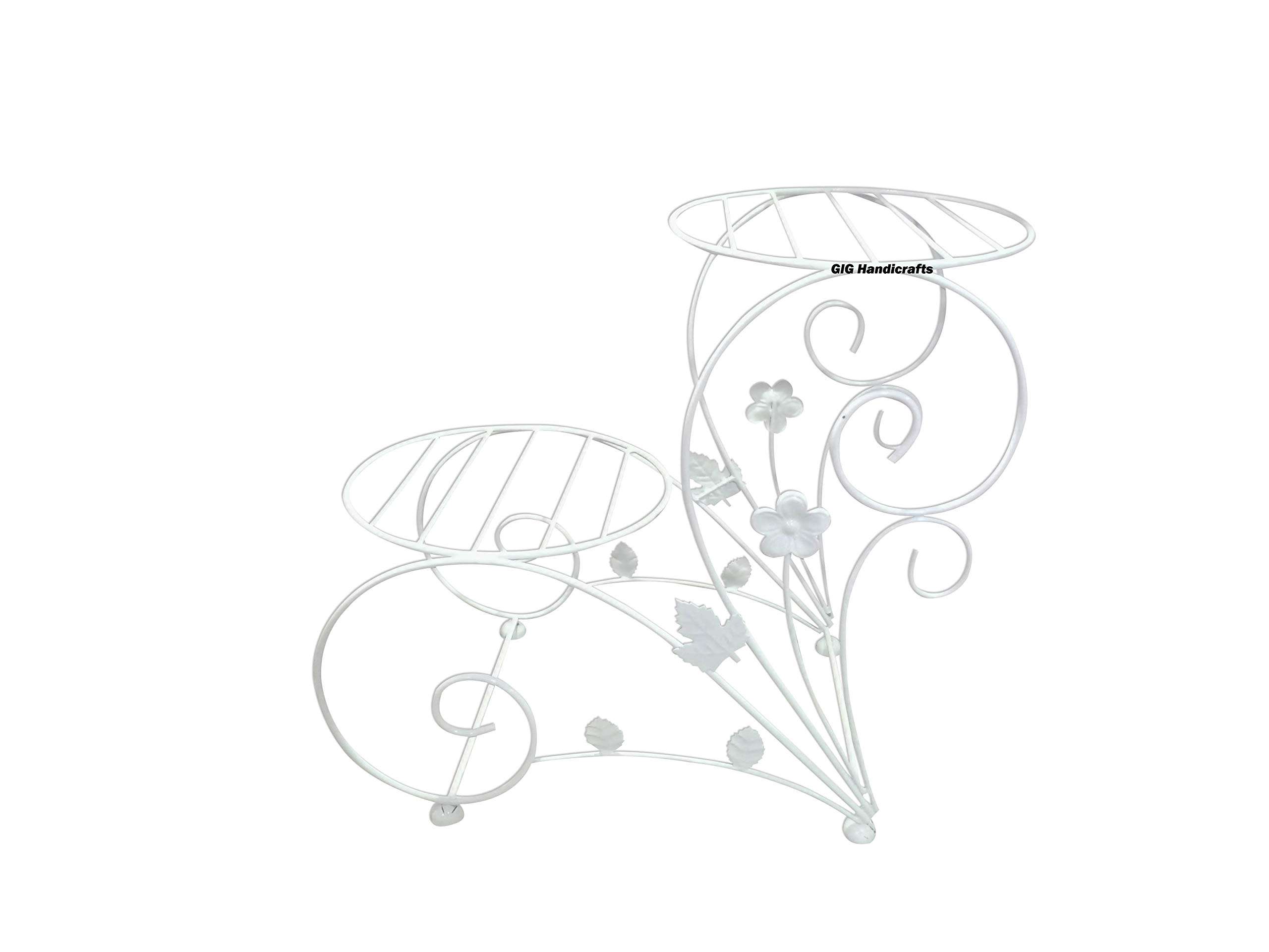 GIG Handicrafts 2-Tier Iron Decorative Potted Plants Shelf Plant Stand with 2 Iron Planter Plant Holders Garden Outdoor Indoor (43 cm x 26 cm x 41 cm, White) 4