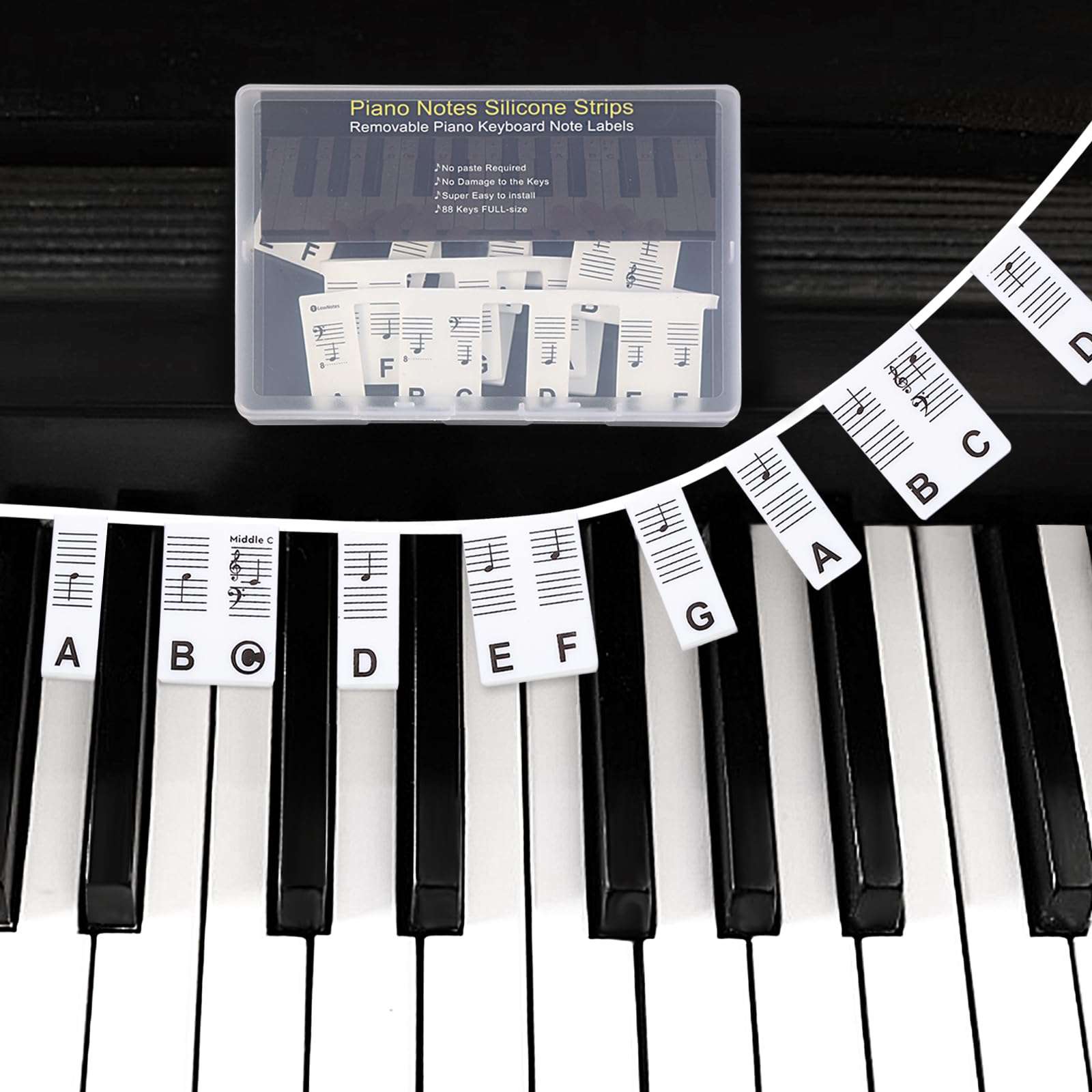 Piano Keyboard Stickers for Beginners and Kids,88/61 Key Full Size Removable Piano Keyboard Note Labels,Silicone Piano Key Stickers for Learning, Reusable Comes with Box (Classic Black Pro) 4