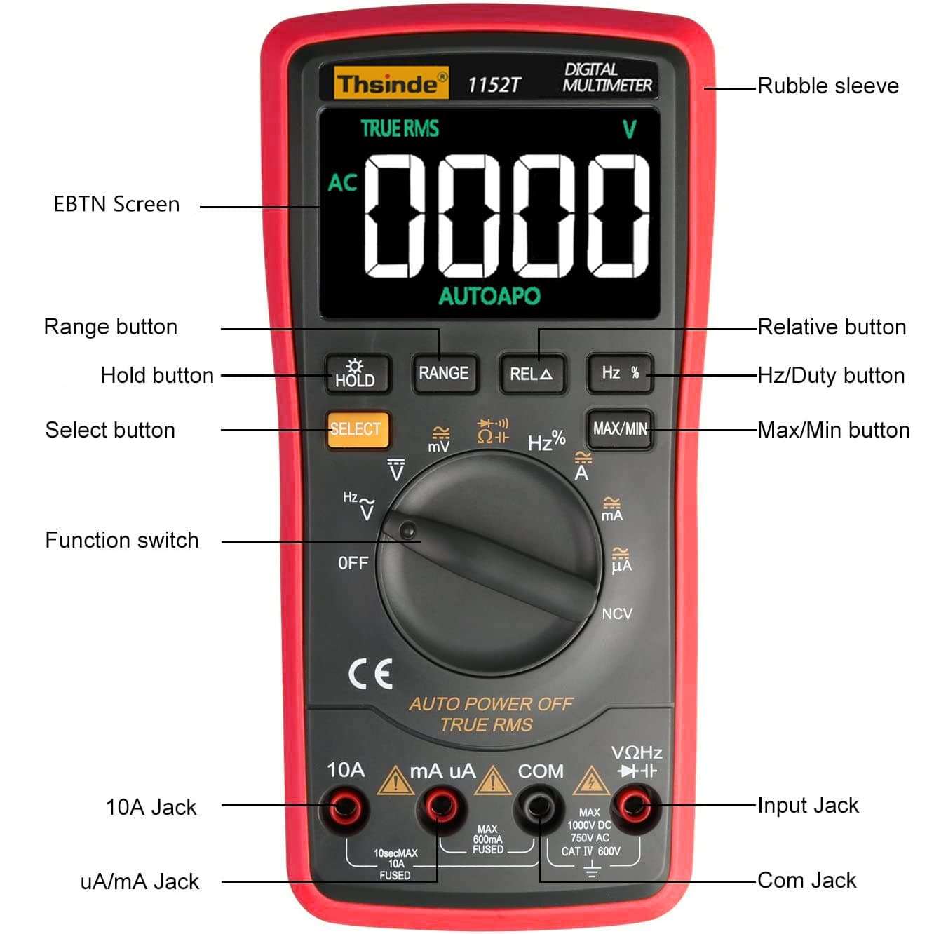 Auto Ranging Digital Multimeter TRMS 6000 with Battery Alligator Clips Test Leads AC/DC Voltage/Account,Voltage Alert, Amp/Ohm/Volt Multi Tester/Diode(EBTN Screen,Red) 4