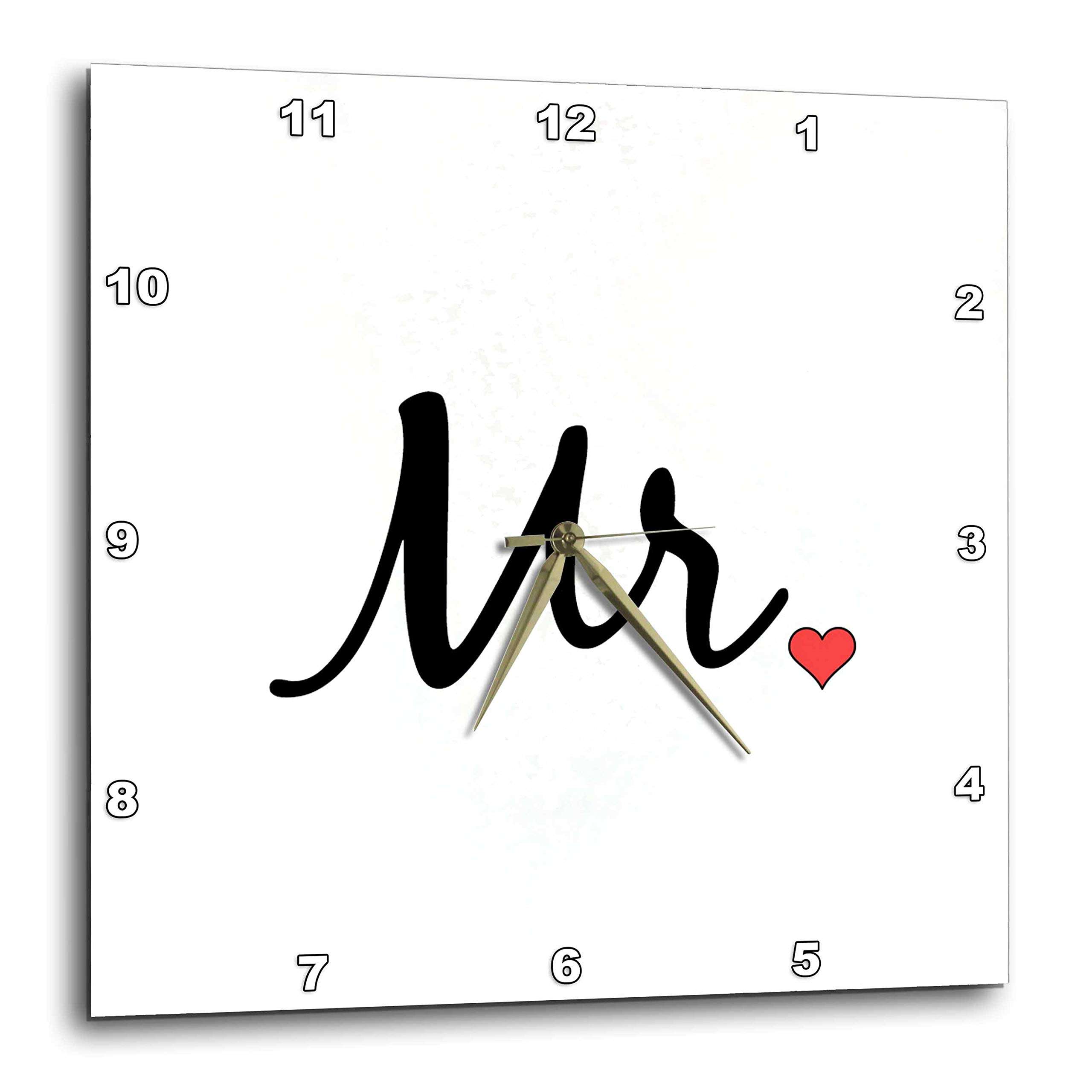 3dRose Wall Clock Silent - 10 inch - Mr with Little red Heart. Cursive Black Lettering on White Background. - Stamp City - Typography 1