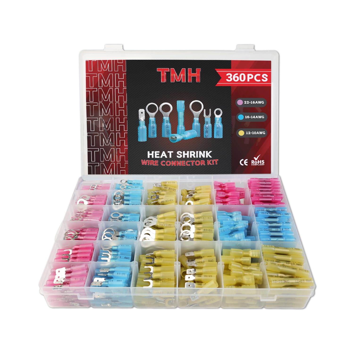 TMH 360 Pcs Crimping Tool for Heat Shrink Connectors Marine Grade Heat Shrink Wire Connectors, Waterproof Butt Connector AWG 22-10 Electrical Ring Fork Spade Splice