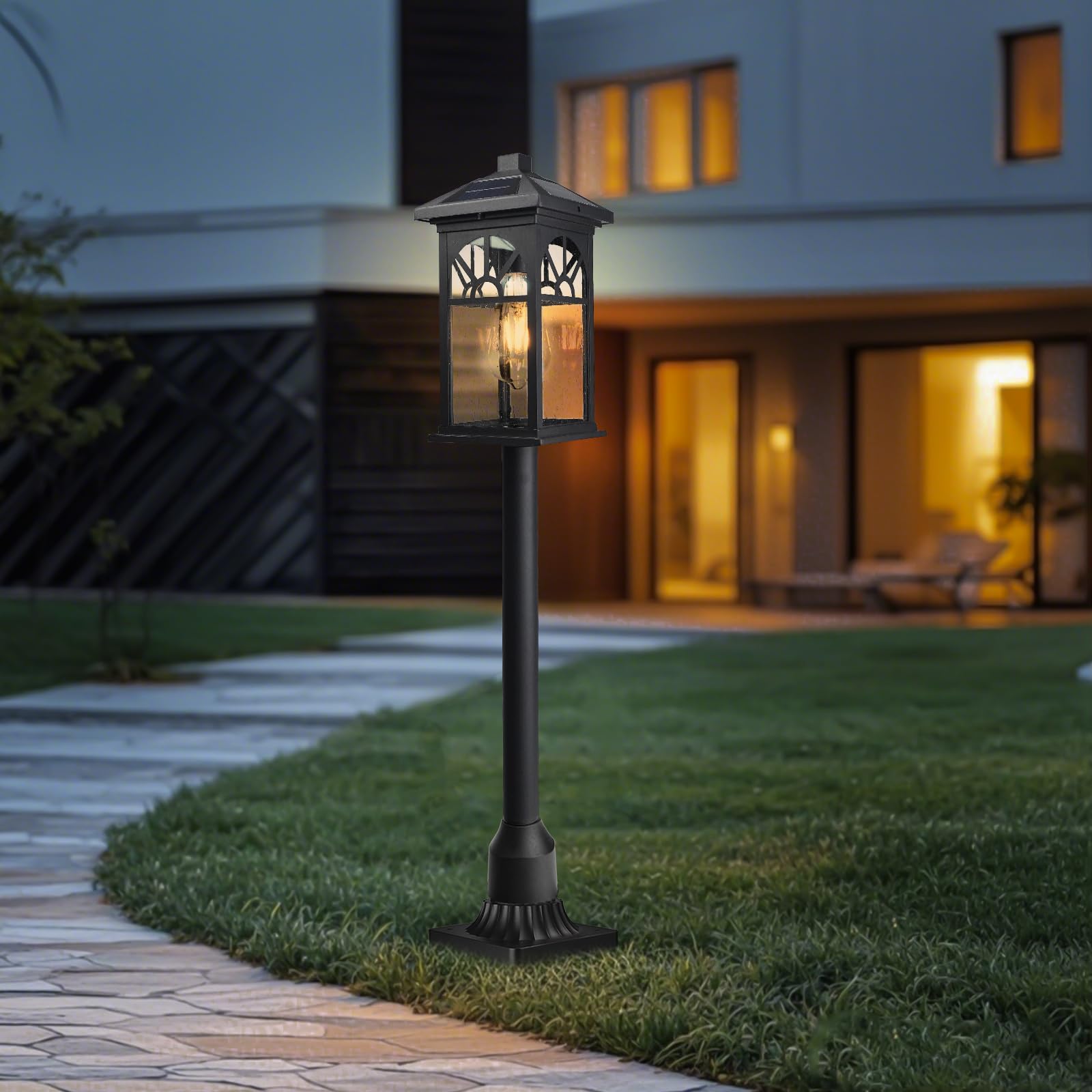Jafinou 31" Solar Pathway Lights Outdoor, Black Aluminum Bollard Lighting with Remote Control - Dusk to Dawn LED Post Light, IP44 Waterproof for Lawn, Patio, Driveway & Backyard Decor (Bulb Included)
