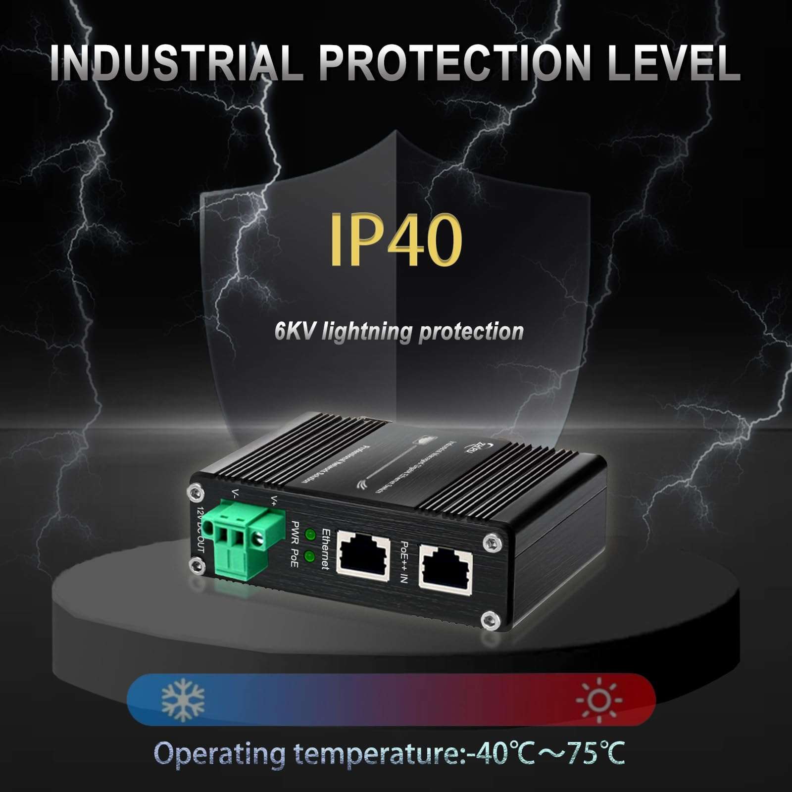 Industrial Hardened Gigabit PoE++ Splitter PoE IEEE802.3 at 95W Input 12V DC Output DIN- Rail Wall Mount -40°C to 80°C IP40 6
