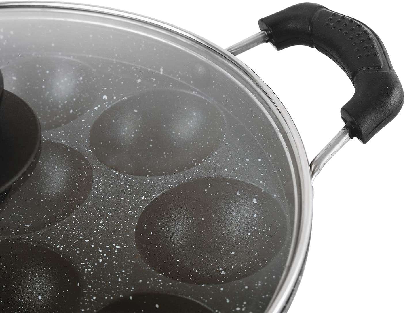 Seven Chakra Tree Non-Stick Appam Aluminium 12 Cavity Appam Patra Paniyarakkal Two Side Handle With Glass Lid, 1 Scrubber, And 1 Picker 4